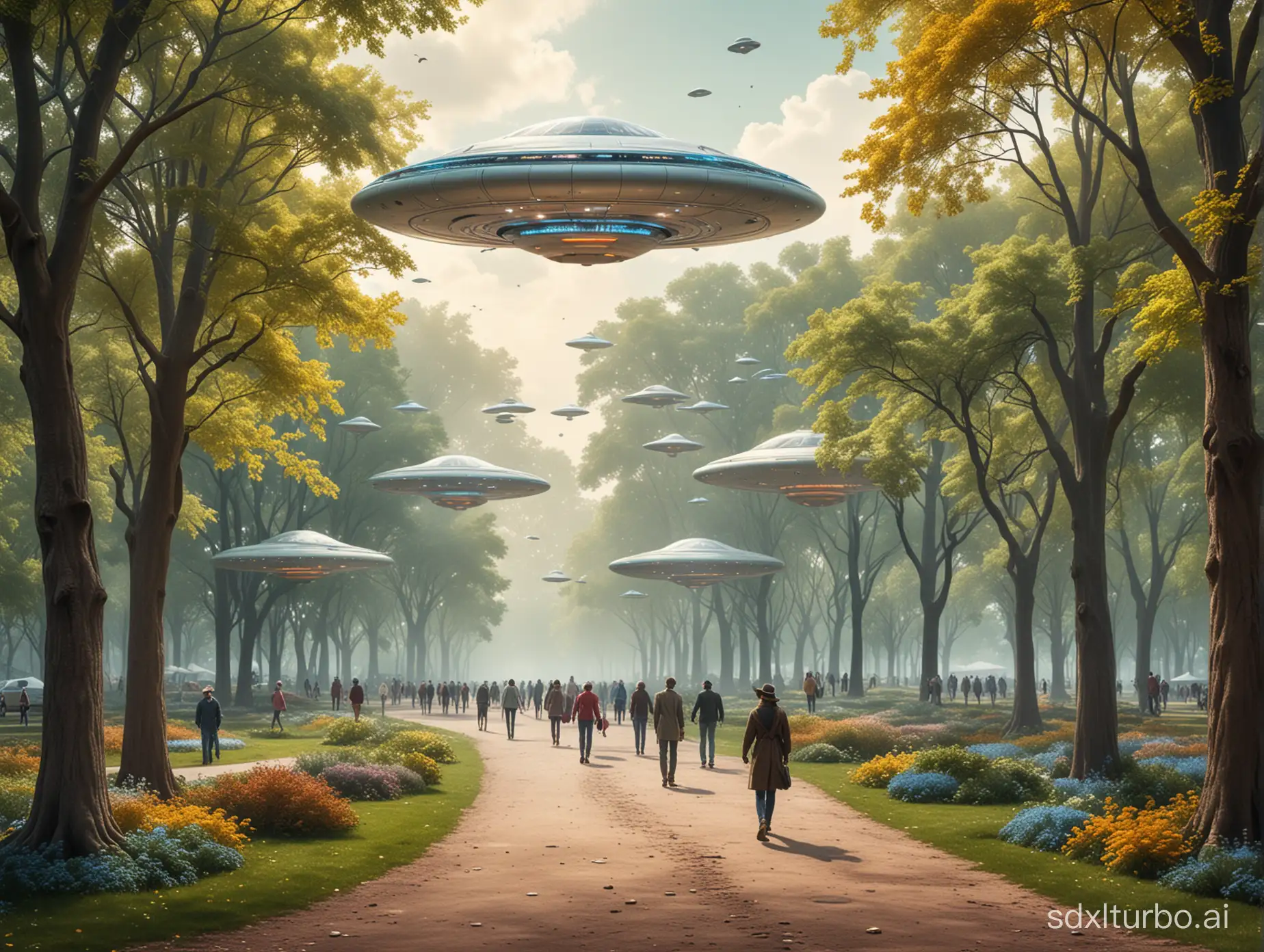 Futuristic-Park-Scene-with-Flying-Saucers-and-Strolling-Visitors