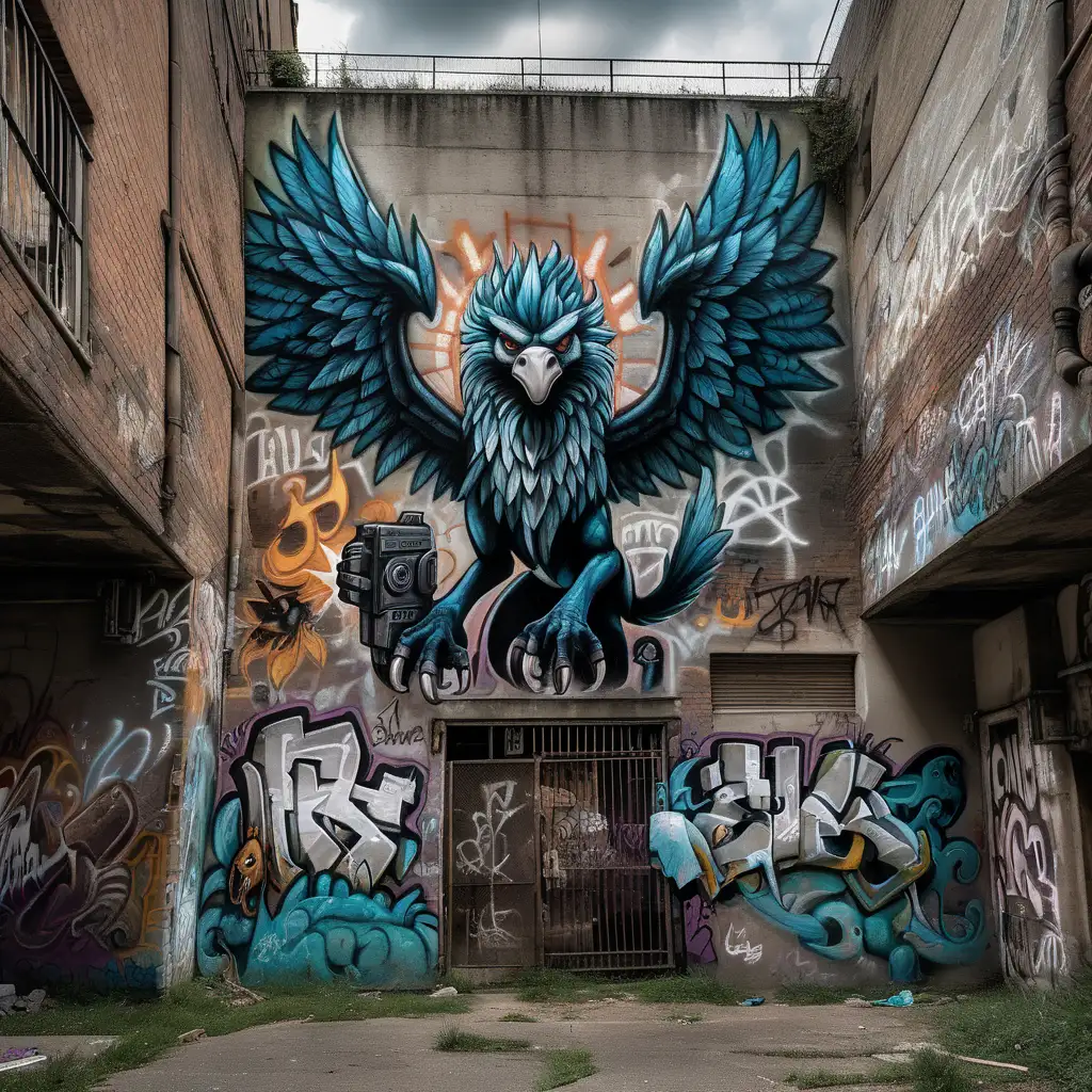 embodies an urban mythic underworld. Alleys intertwine with abandoned structures, all adorned in striking griffin-themed graffiti and gang insignias. The gang's stronghold, a converted industrial fortress, stands as a beacon of power touched by urban decay, pulsates with a unique fusion of mythical symbolism and gritty reality, capturing the essence of the Clawsoar Coalition's dominance. This turf serves as both a mythical sanctuary and a fiercely defended battleground against rival mythic gangs.