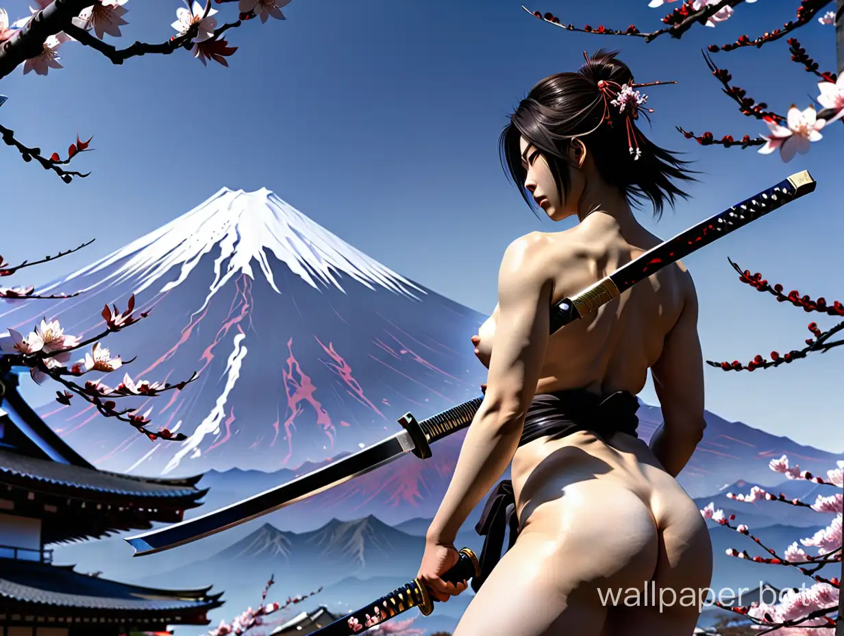 на заднем плане гора Фудзияма цветущая сакура ясное небо на переднем плане девушка ронин с катаной в полный рост обнажённая в фундоси романтизм