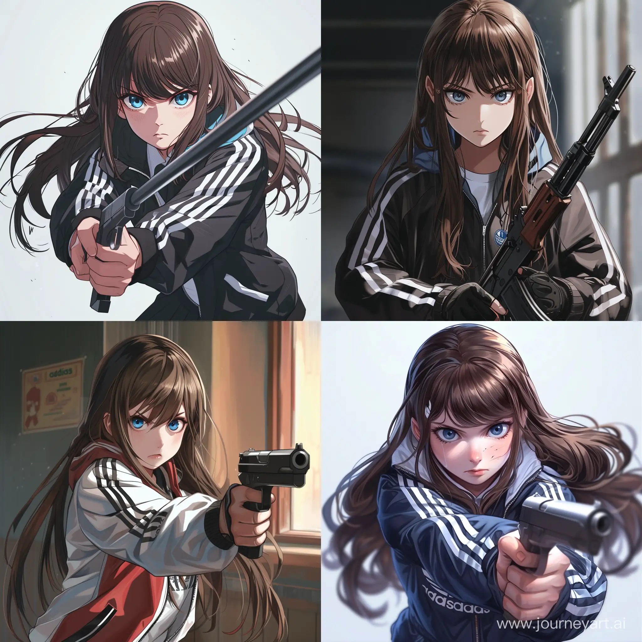 Изобрази 16-17 летнюю школьницу из россии в ветровке адидас и школьной форме, с длинными коричневыми волосами и голубыми глазами, с оружием в руках