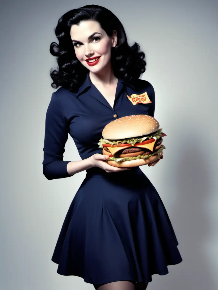 Laura Mennell, 1950s , curvy, [Highly Detailed] Dark comic art style, below angle, flowy navy minidress, smirk, pantyhose, In-N-Out, holding cheeseburger