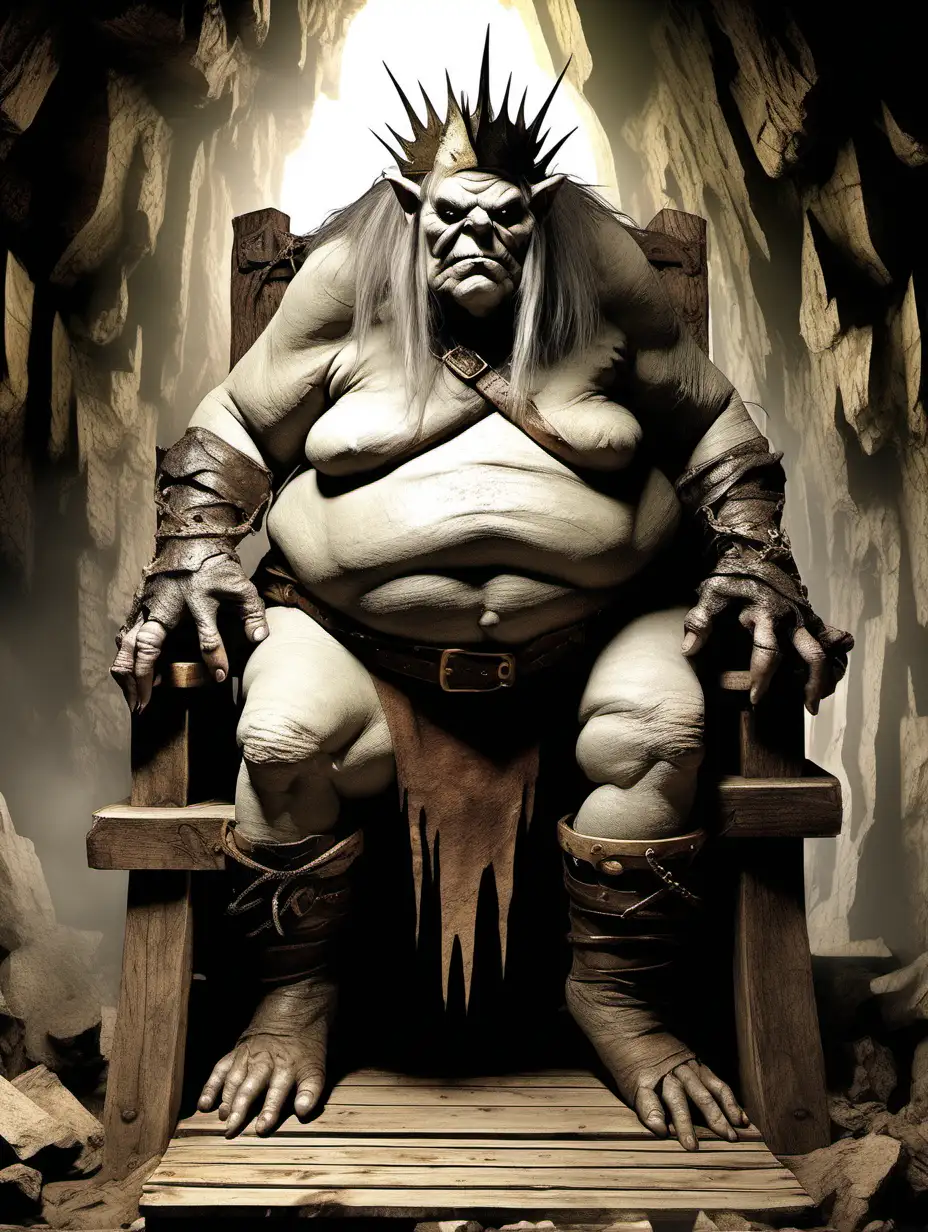 An image of a fat massive goblin king, just like the one in the hobbit movie, sitting on a poorly made wooden throne in underground goblin caverns. At 9 feet tall and grossly obese, His chin massive and fat, and his features are obscured by a small leather loincloth and a wooden crown. In a detailed fantasy style 