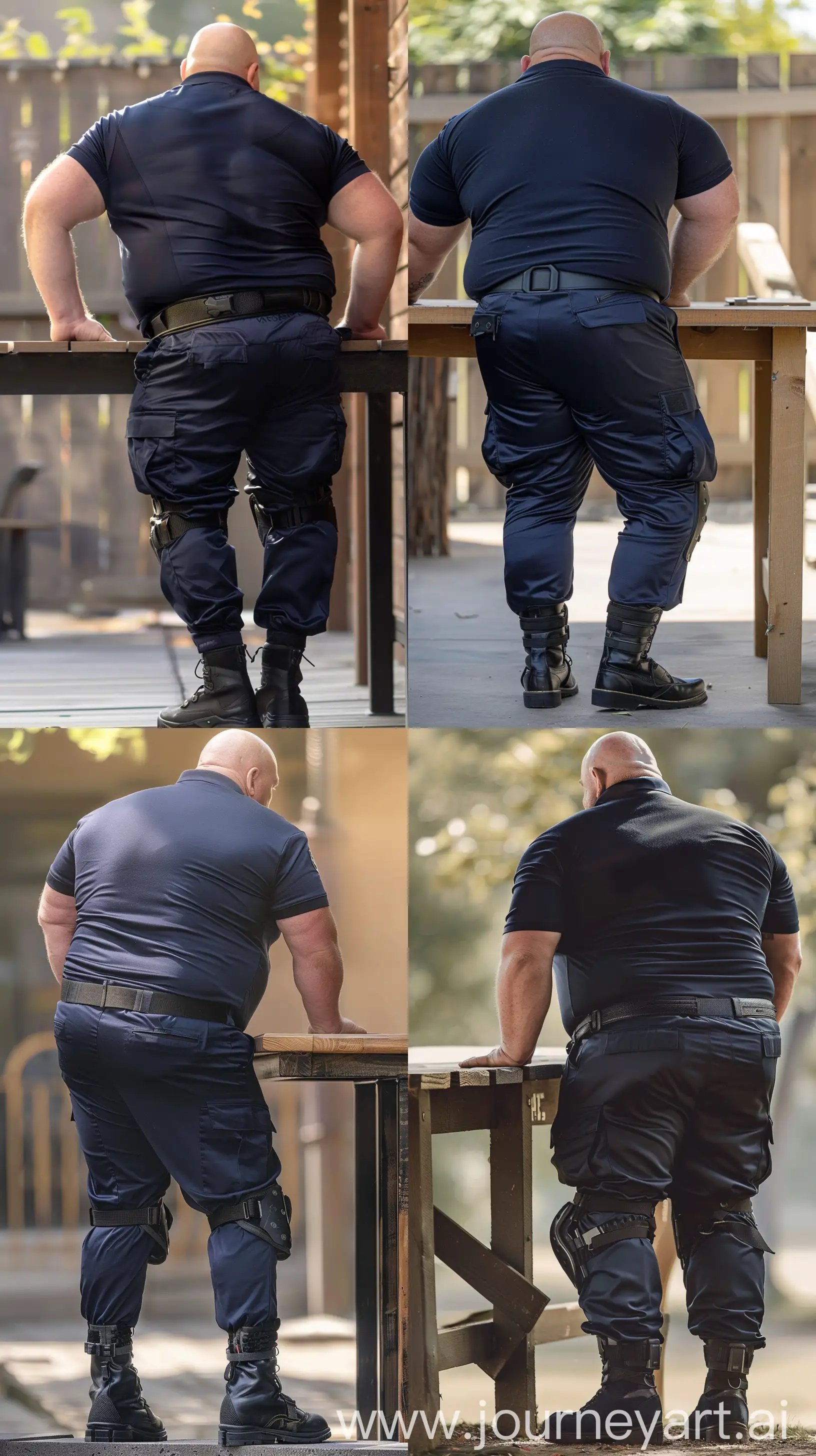 Close-up full body back view photo of a extremely fat man aged 60 standing next to a very high table. The man is wearing silk navy tight stretched battle pants tucked in black tactical boots, tucked in silk navy sport polo shirt and a black tactical belt. The man is standing straight and leaning on both hands placed on the table with his legs crossed. Outside. Bald. Clean Shaven. Natural light. --ar 9:16
