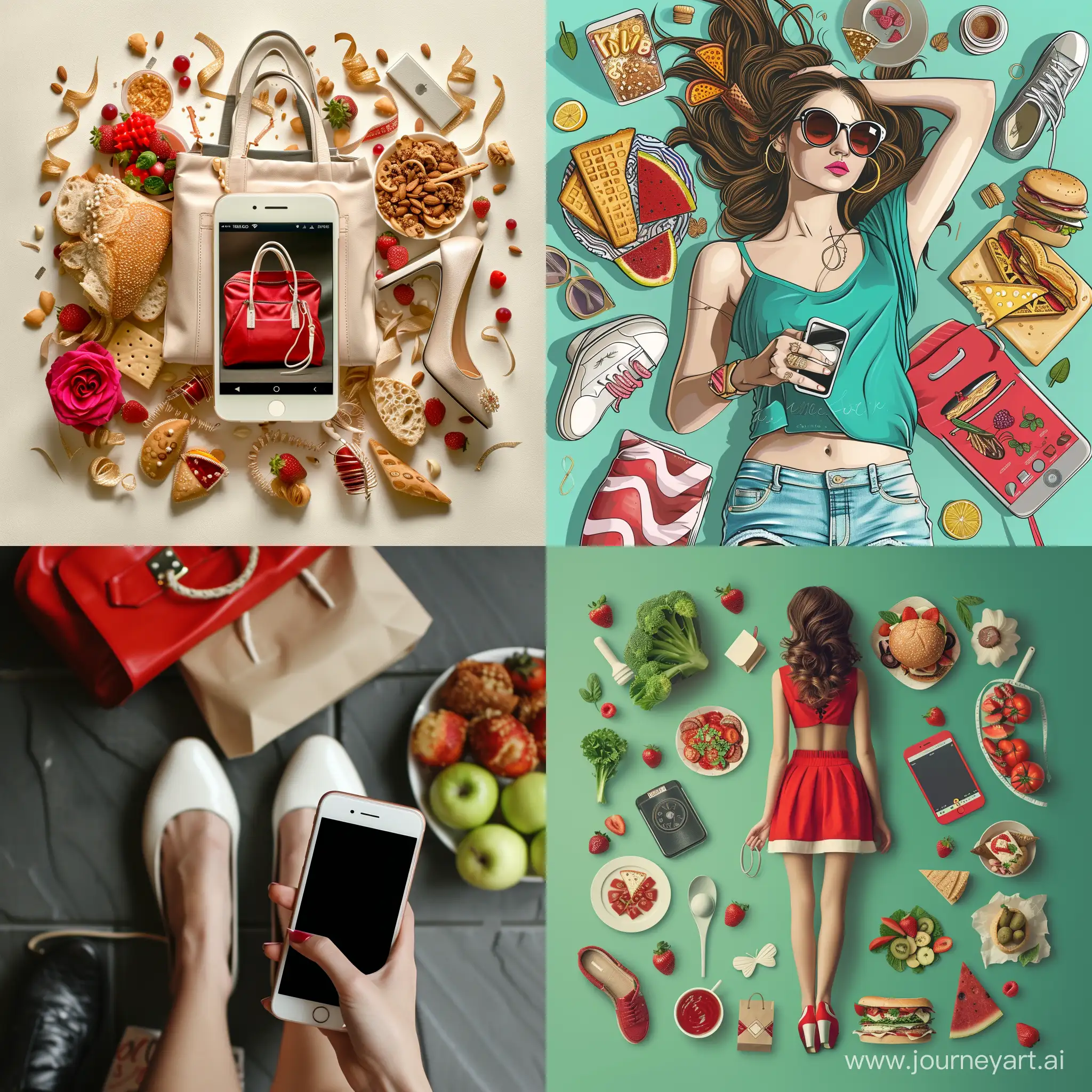 Stylish-Girl-Shopping-for-Fashion-Shoes-Clothes-Phone-and-Food