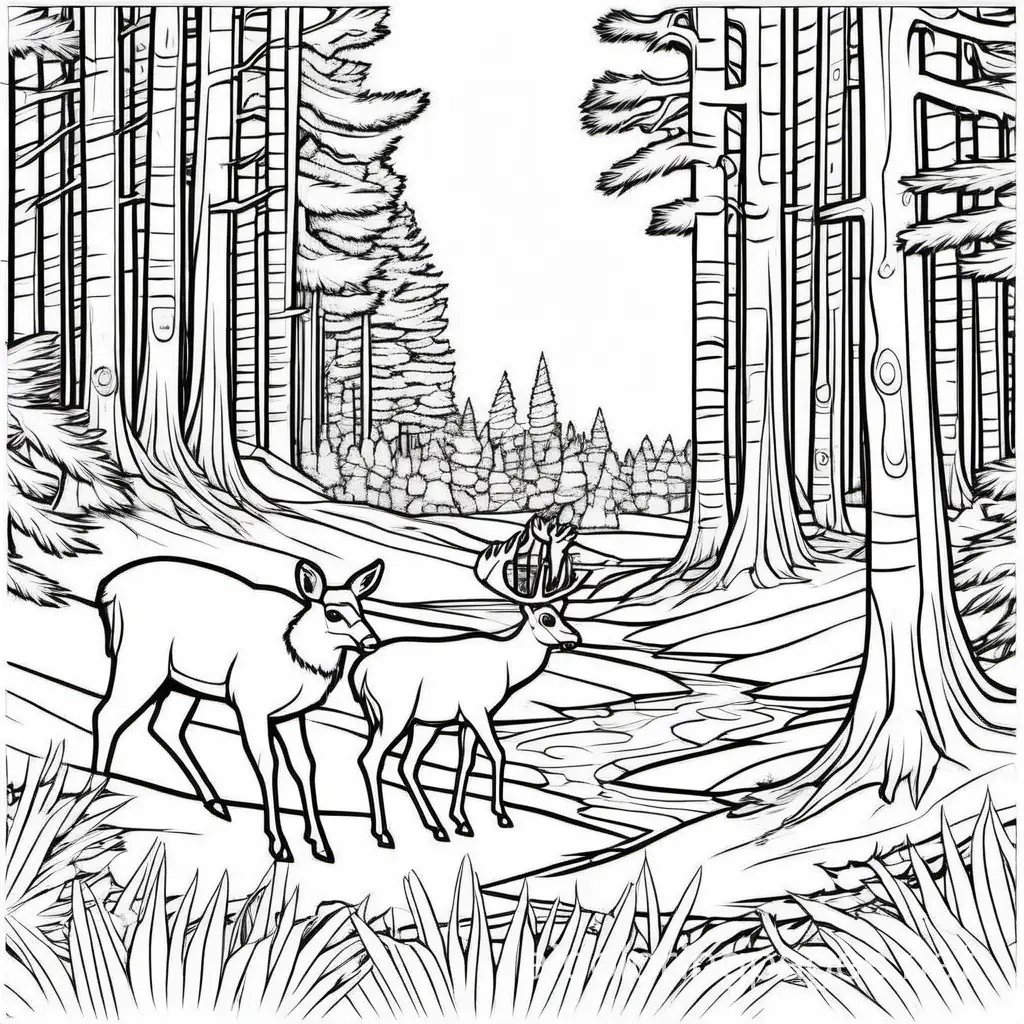 maine pine forest wildlife
, Coloring Page, black and white, line art, white background, Simplicity, Ample White Space. The background of the coloring page is plain white to make it easy for young children to color within the lines. The outlines of all the subjects are easy to distinguish, making it simple for kids to color without too much difficulty