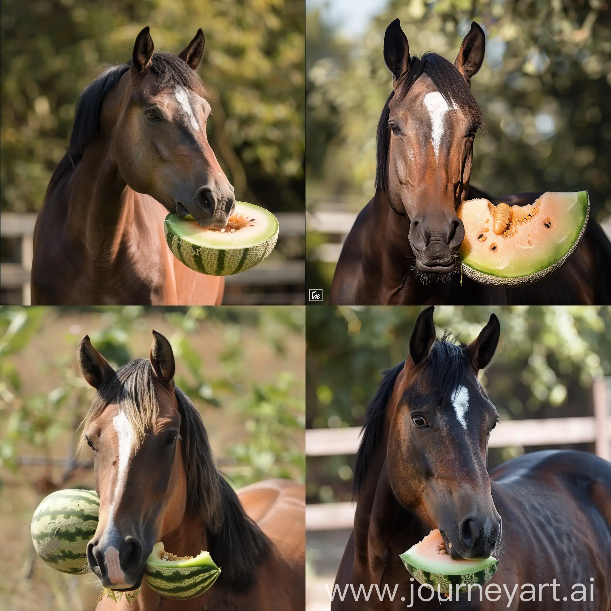 A horse eating a melon