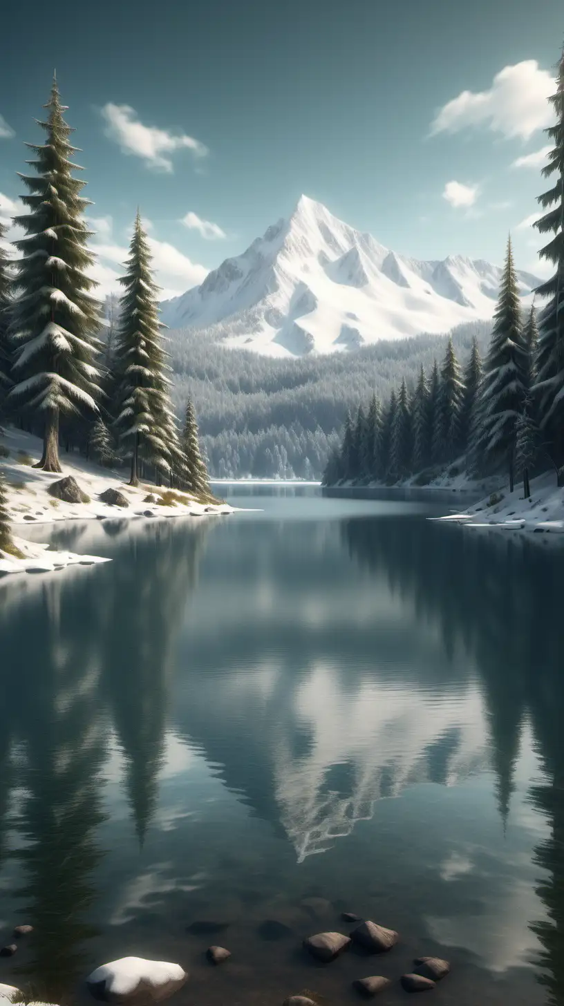 lake surrounded by forest and snowy mountain at the background realistic image