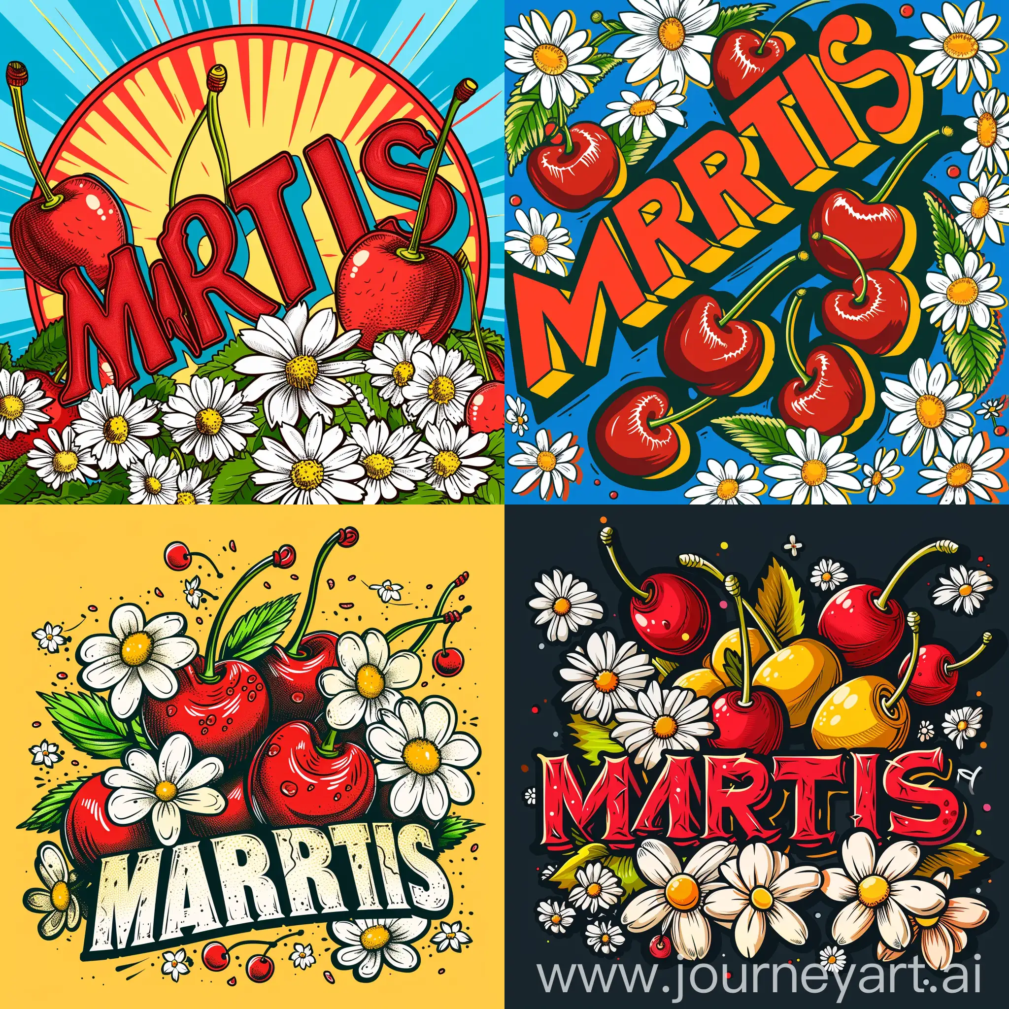 A pop art style bright colored logo of MARTIS written in English with cherries and daisies, ensuring proper spelling and readability.