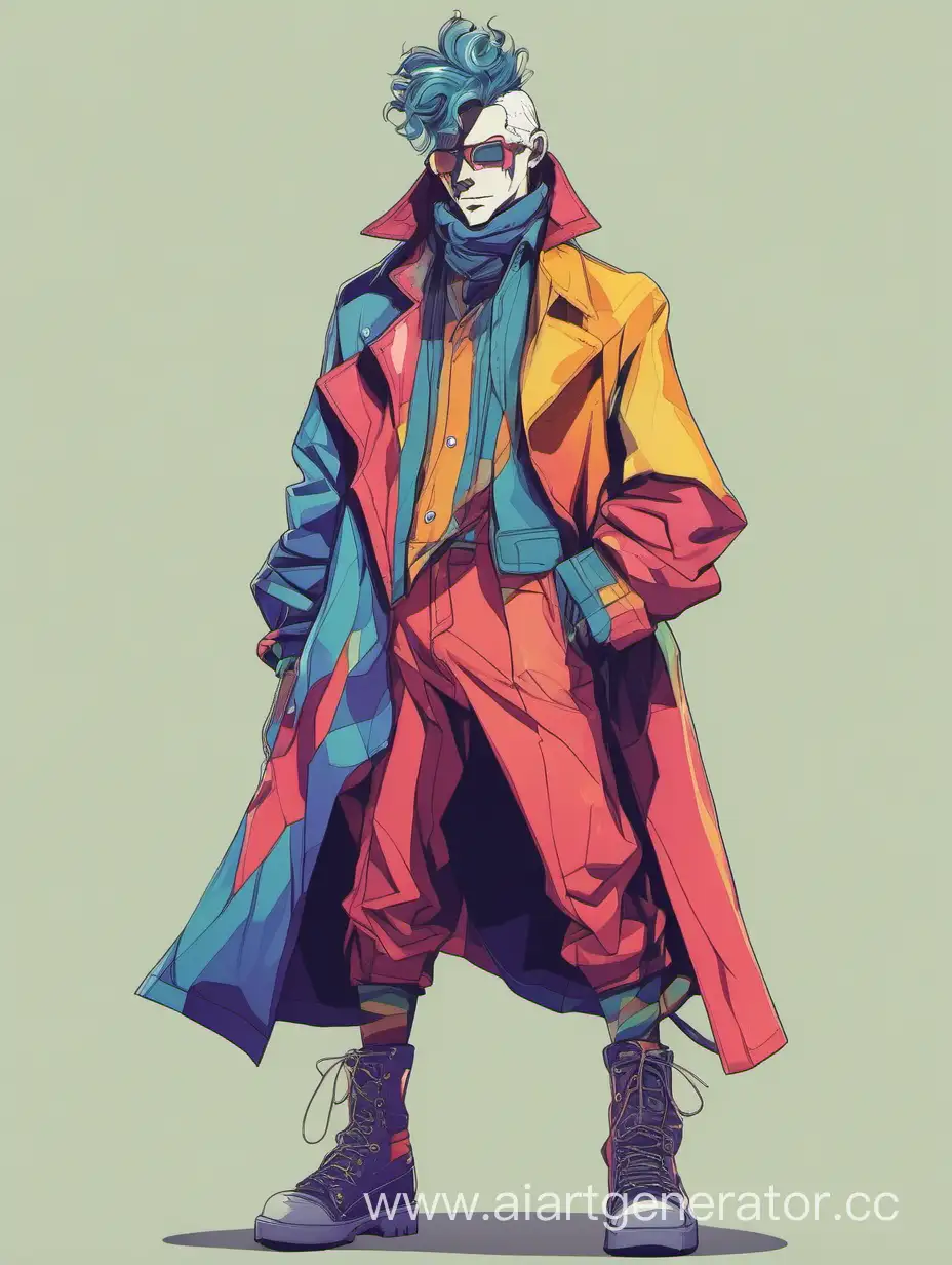Персонаж парень в полный рост в интересной одежде разных цветов
