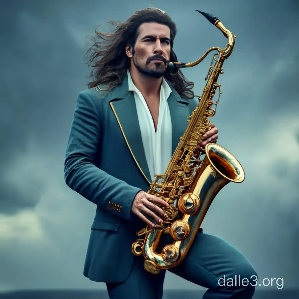 Bard Fabio Lanzoni Playing Saxophone in a Dramatic Storm Dalle3 AI