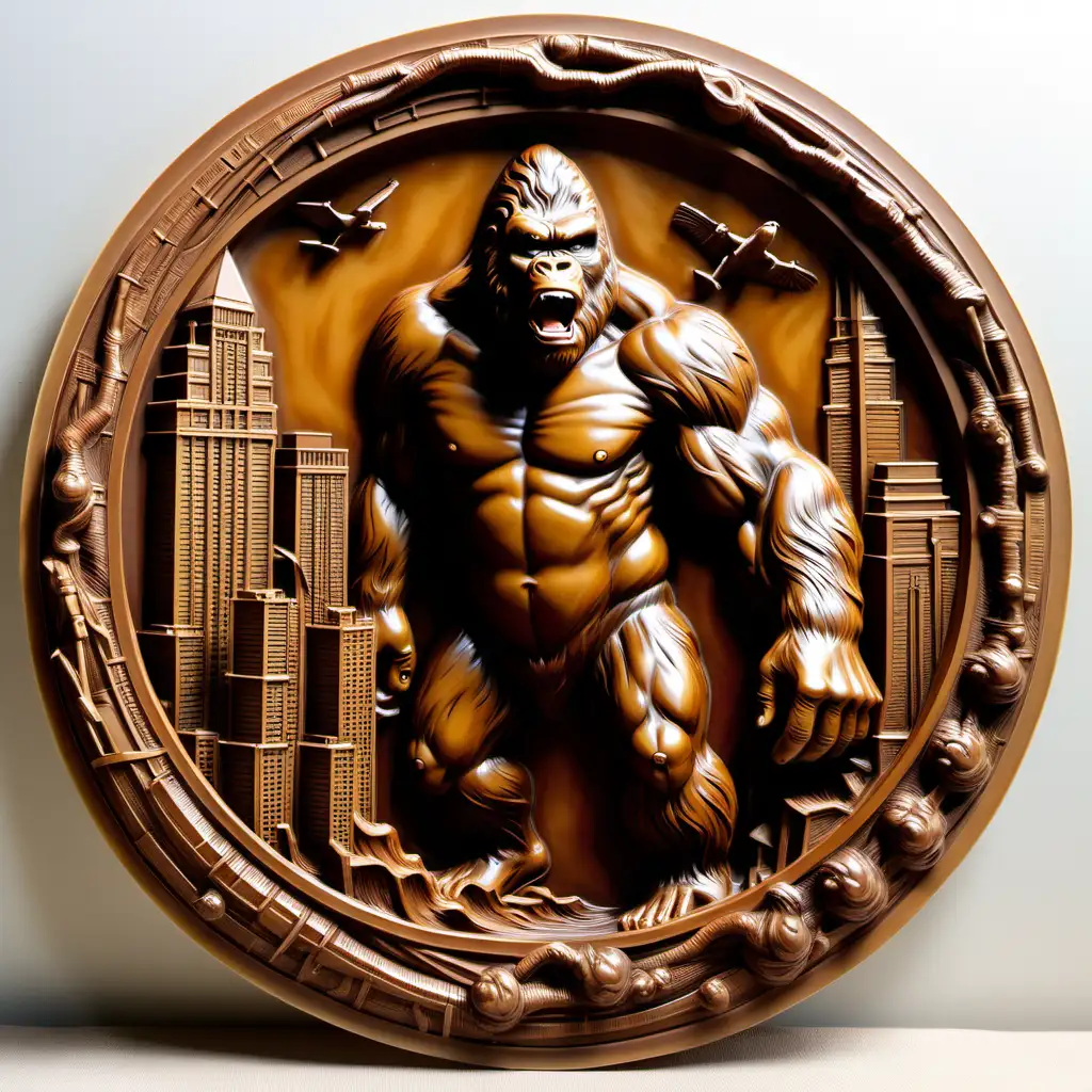 Brown Resin BasRelief of King Kong Sculpture Detailed Artistic Depiction of Iconic Movie Character