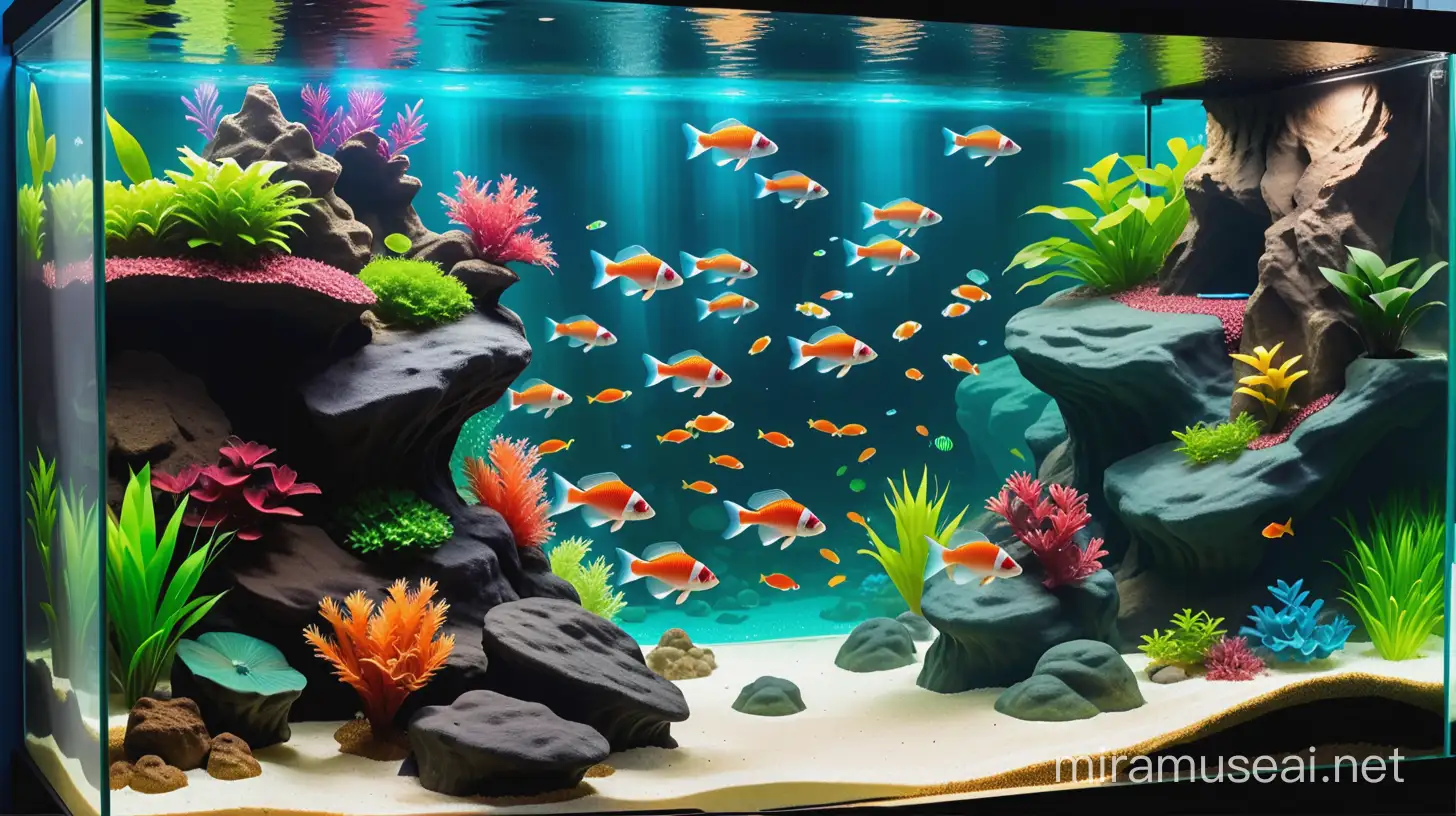 A fish tropical 130cm x 45cm x 45 cm aquarium with an lakeside and with a high cliff waterfall with flat land area and a cave with a lot of colorful fish swimming around