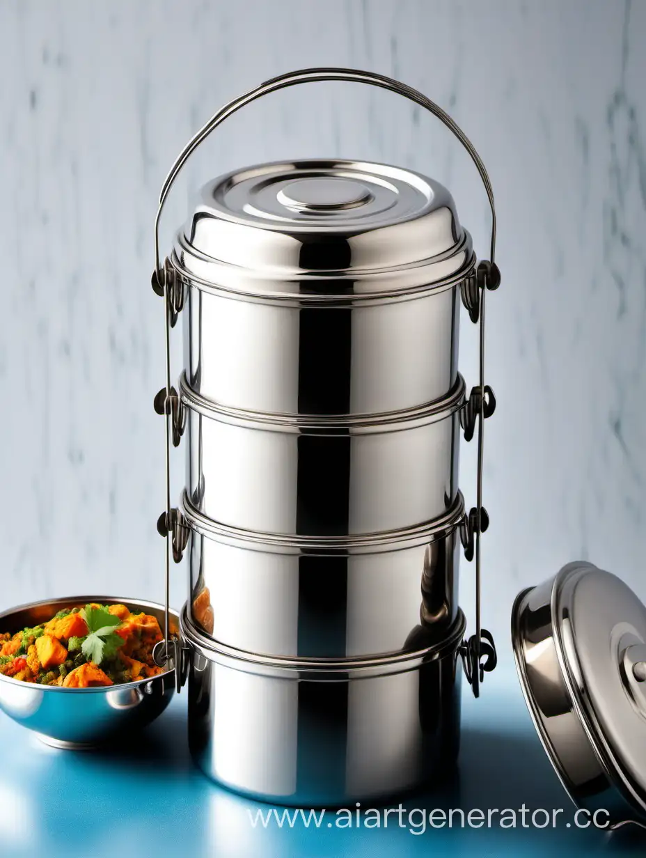 Capture the essence of everyday Indian life with a vibrant image of a traditional tiffin steel container, known locally as a 'dabba'. Show the gleaming stainless steel, stacked tiers with lids perfectly arranged, ready to hold a variety of homemade delights. Highlight the iconic design, perhaps with a background of a bustling street or a kitchen countertop, conveying the warmth and tradition of homemade meals on the go.