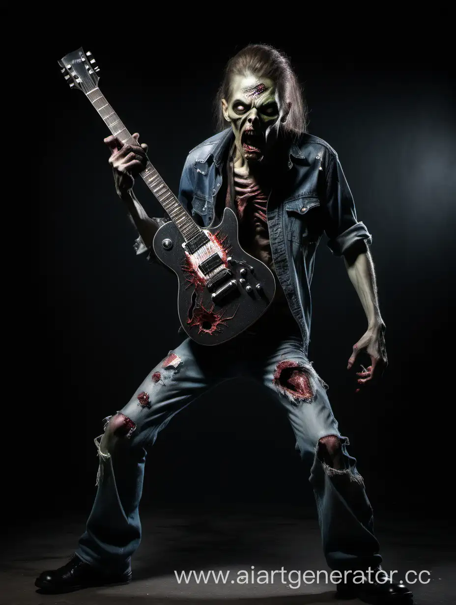 Злой мертвец без челюсти, рок-певец стоит в полный рост, замахивается гитарой, фон чёрный