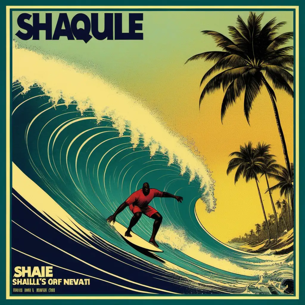 a vintage surf poster with an image of shaquille o'neil surfing a wave at pipeline hawaii with palm trees