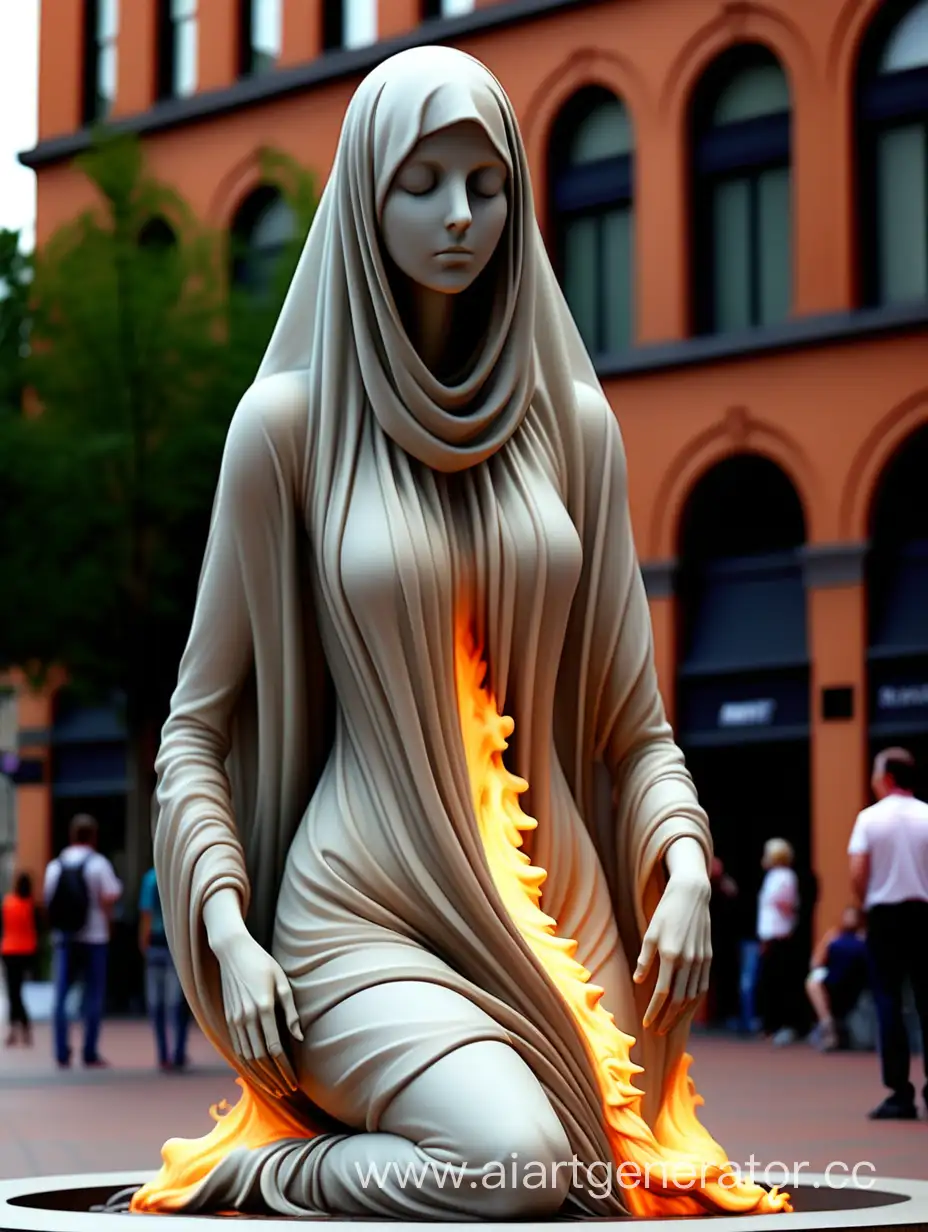 Come up with an art object that will show people the problem of burnout in a veiled form and why it is gentle to do something about it. This art object should be located in an urban environment on the square and fit into the environment, to show that our pace is too high. The statue itself should look like a creature burning alive