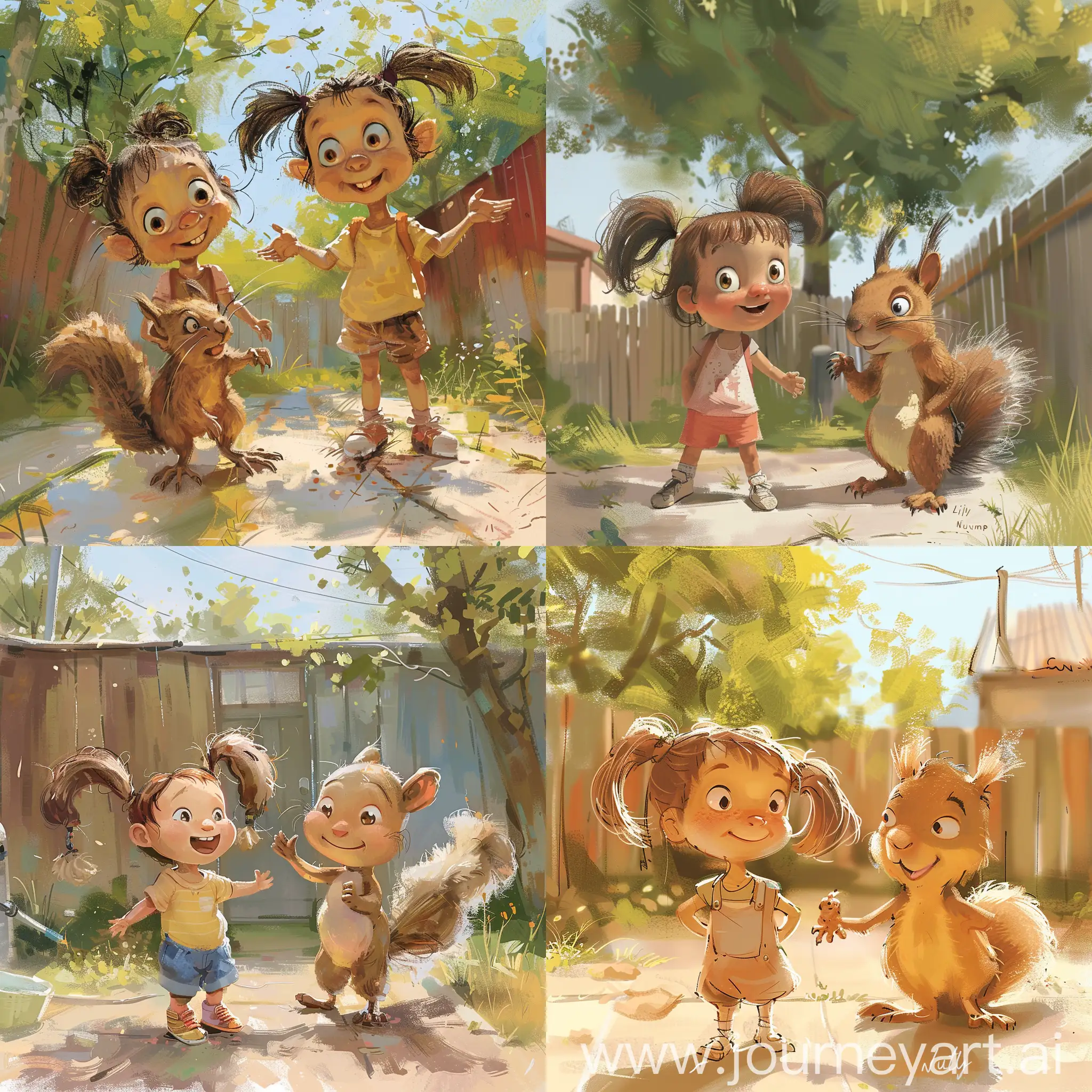 Illustrate two main characters for a kids' story. A joyful, curious little girl with pigtails named Lily and her best friend, a small, adventurous talking squirrel named Nutmeg. They are standing in a sunny backyard, ready to explore.