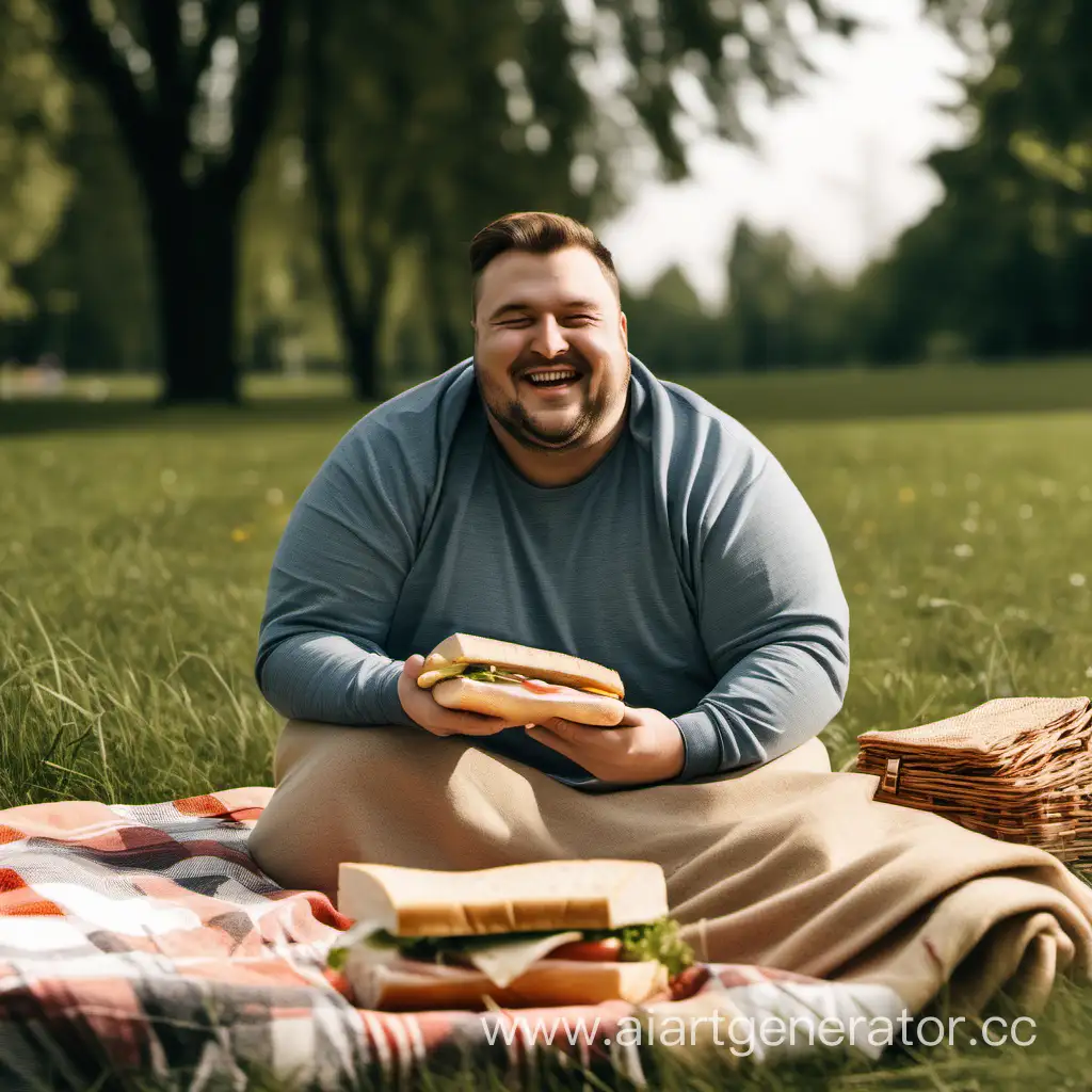 Полноватый мужчина с доброй улыбкой. Мужчина находится на природе. На траве лежит плед. Мужчина сидит на пледе и готовит сэндвичи.