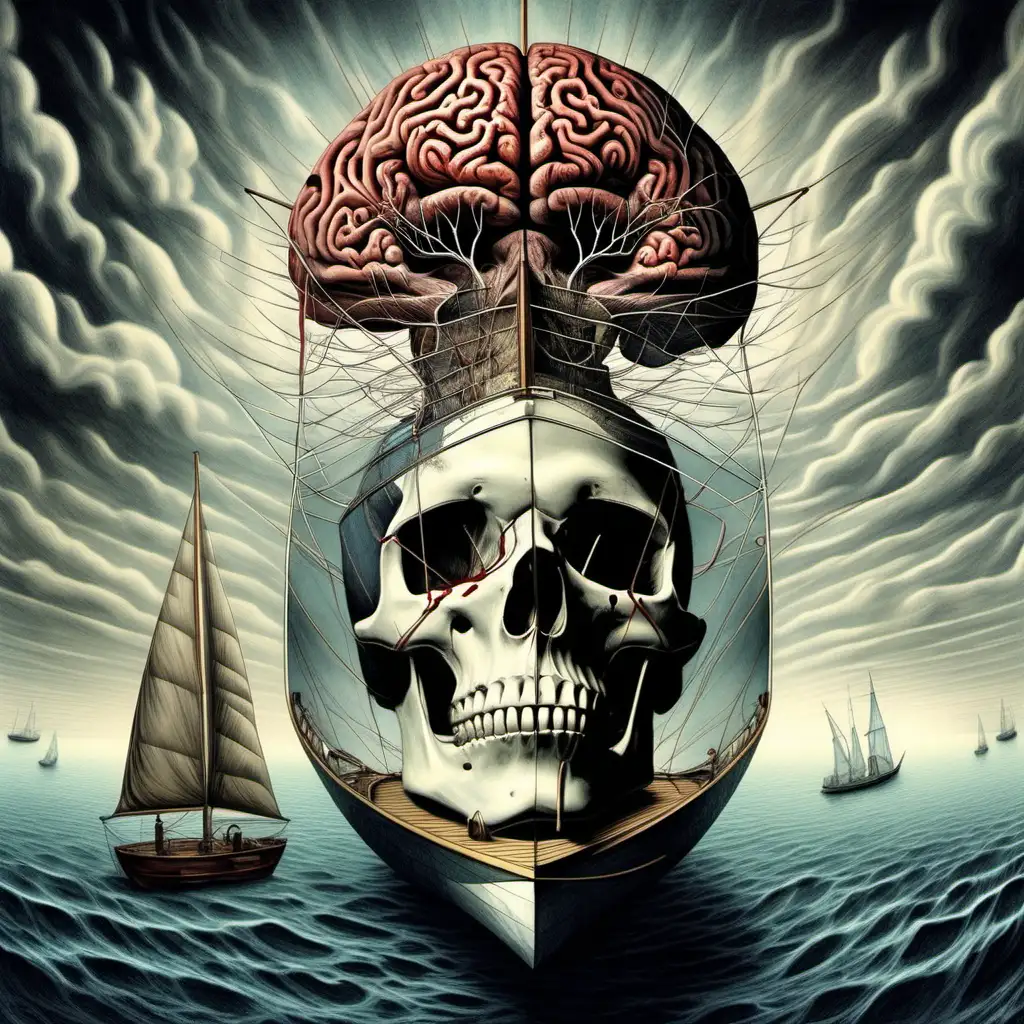 Ett kranium med en segelbåt innuti, hjärna, blodvener, surrealism, surrealistisk, high definition