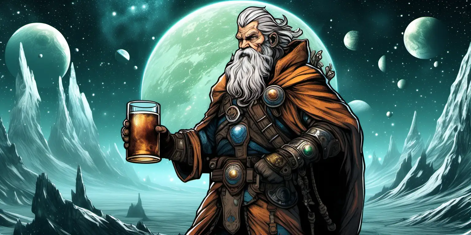 An aged, space viking with a long white beard, wearing worn armored, navigating a foreign planet, glass of mead casting an enchanting glow, nordic themes