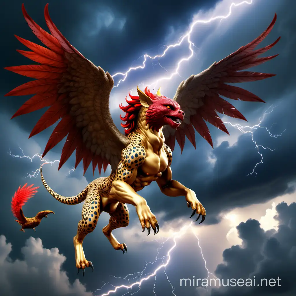 Mythical Chimera with Golden Angel Wings Flying in Stormy Sky