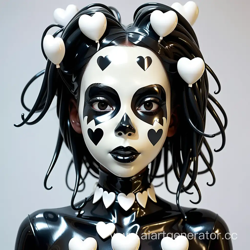 Латексная девушка с черной латексной кожей с резиновыми волосами черным латексным лицом покрытая белыми сердечками