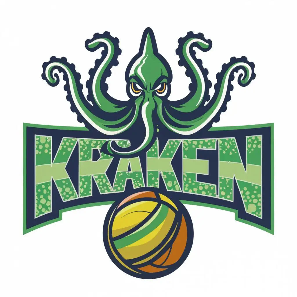 a logo design,with the text "Kraken", main symbol:octopus arms and large Volleyball GREEN AND BLUE,complex,clear background. Make the Kraken larger, enlarge volleyball as center piece.