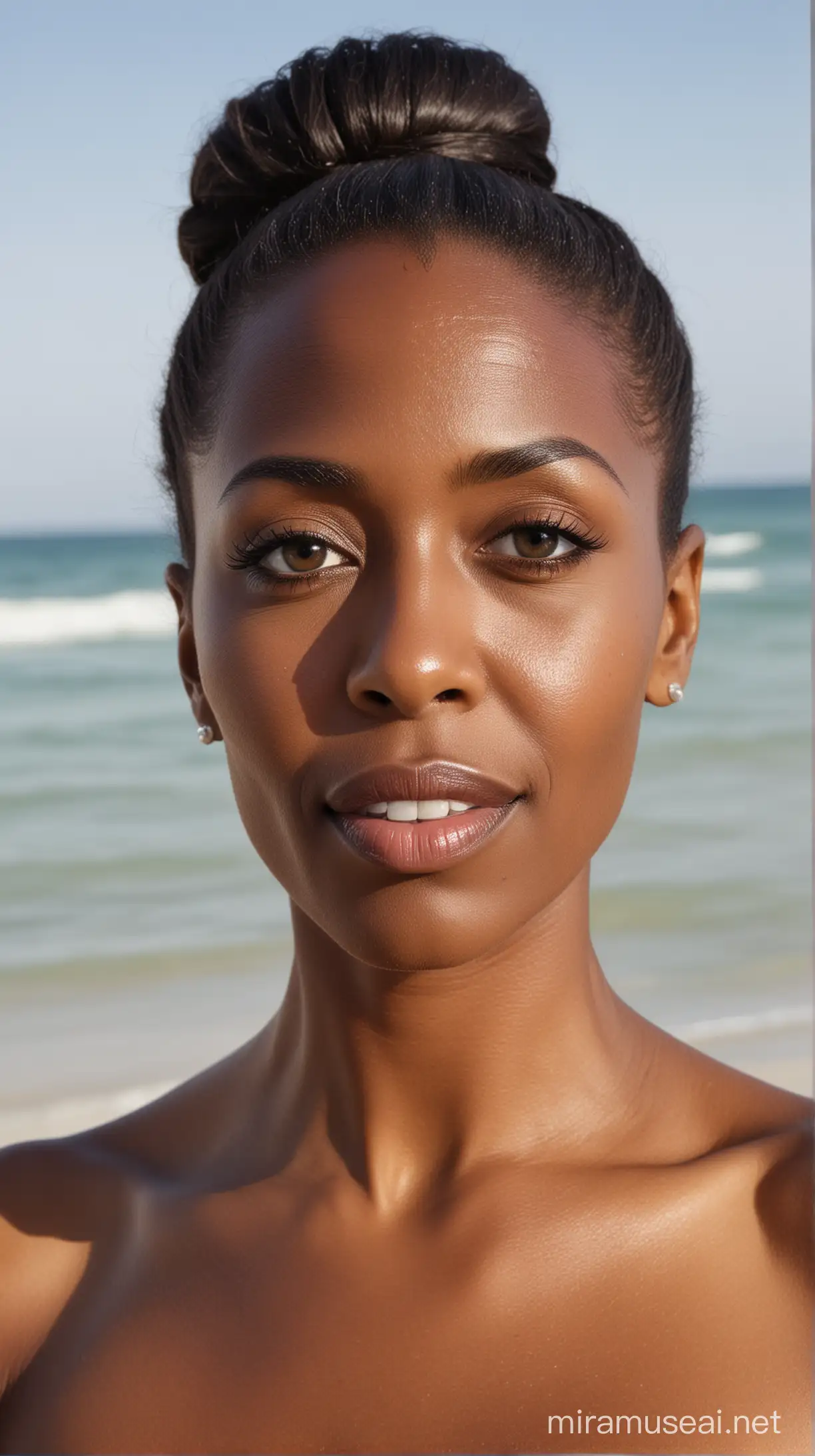 A 63 year old black skinny woman with big eyes, straight nose, small lips, sharp chin and long straight hair with a bun at back wearing a bikini and standing at a beach