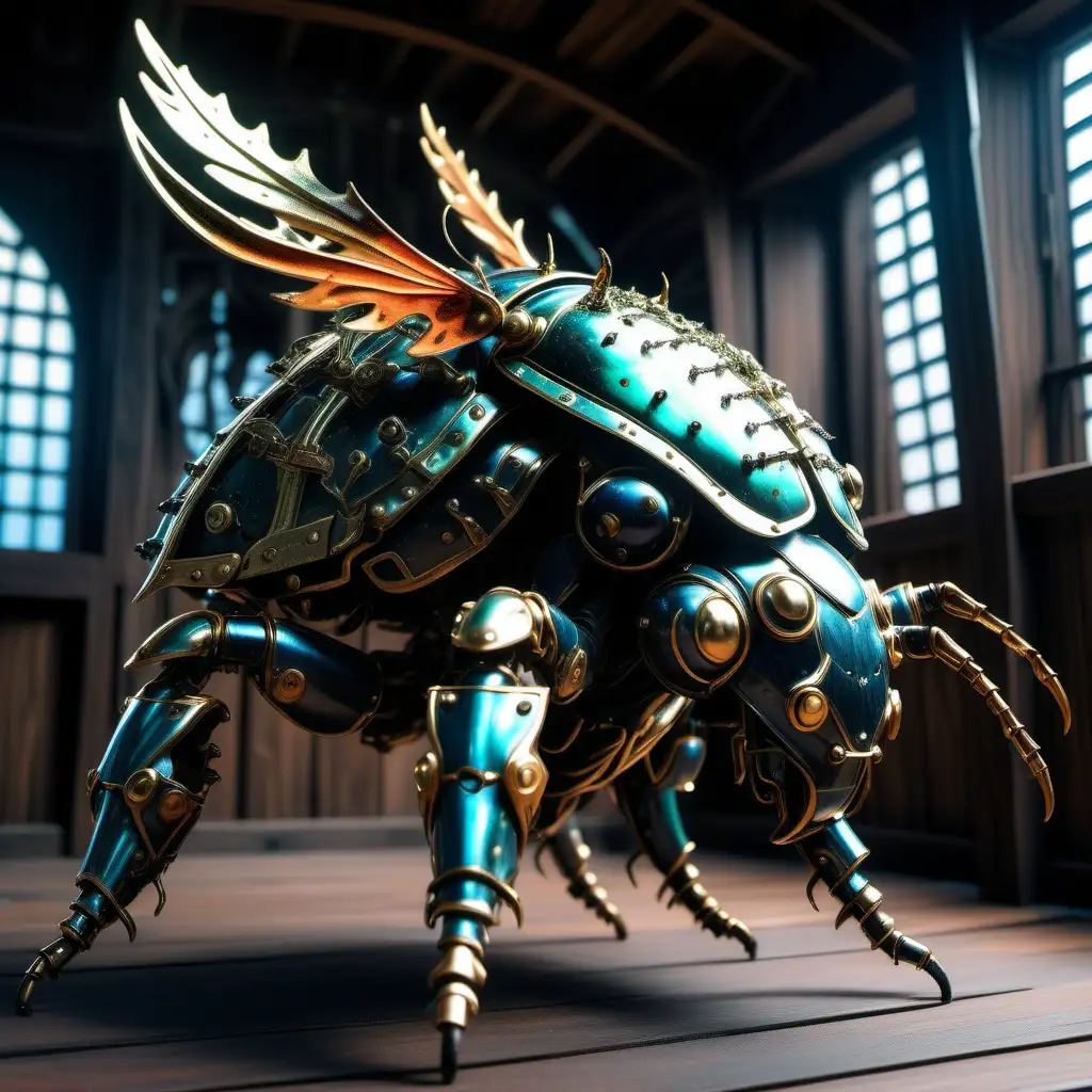 beautiful stable of magical japanese horned beetle cyberpunk style armored mount with a satle sitting in a beautiful stable for only the most magical in the heavens of the journey to the west novels in the style of a video game