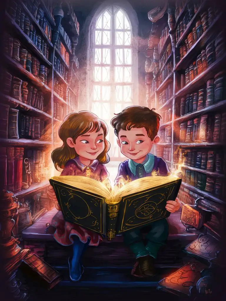 boy with girl looking at magic book in big library
