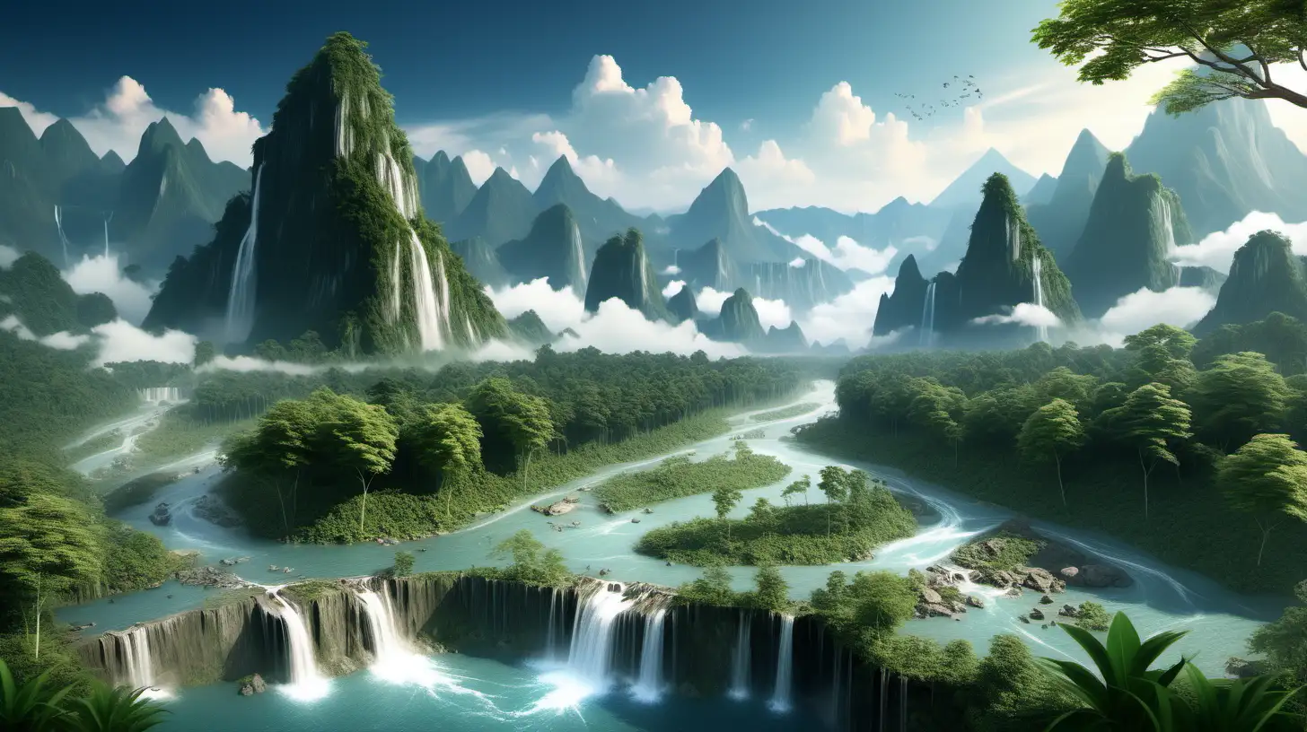 Spectacular Mountain View Idyllic Natural Landscape with Rivers Waterfalls and Lush Forest