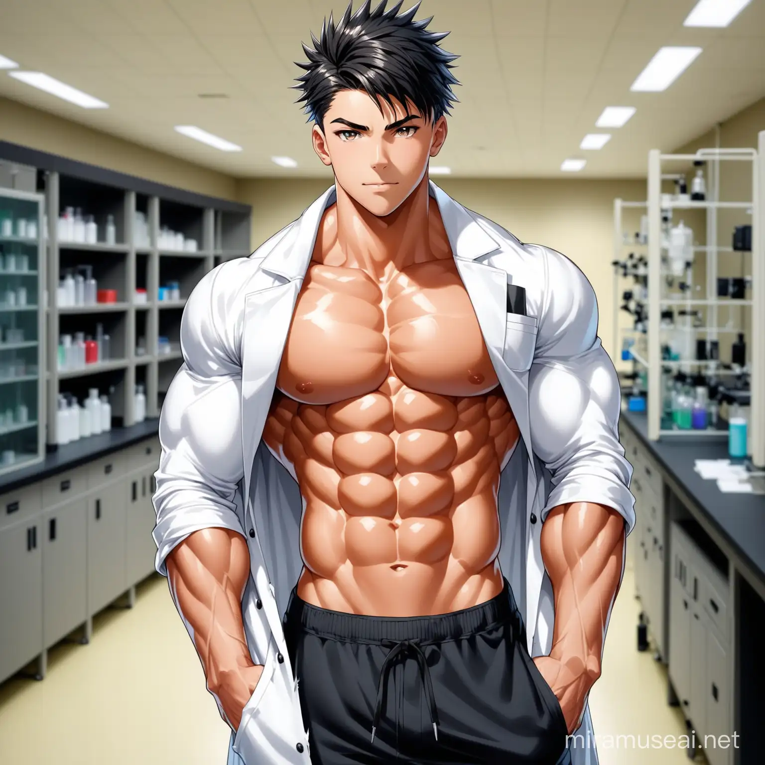 Teen muscle,muscular 16 year old male, black spiky haircut, white wide torn lab coat, lab scenery, 8 pack abs, muscular male body
