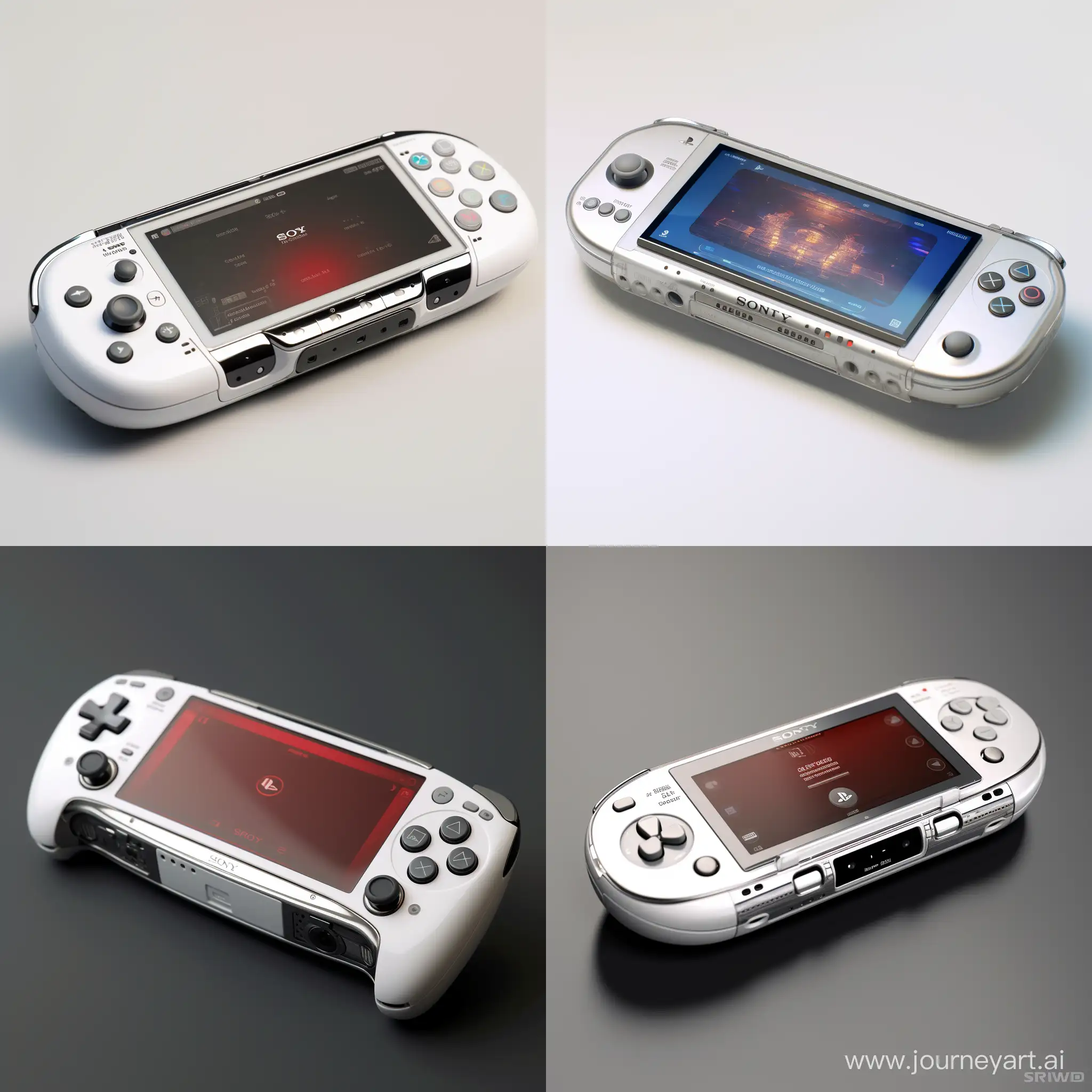 Une PSP de Sony de 2025, dans un style rétro futuriste. La console est entièrement blanche, avec des accents argentés. La surface de la console est lisse et réfléchissante, avec un logo Sony brillant sur le devant. La console est équipée d'un écran tactile de 6 pouces, d'une caméra frontale et arrière, et d'un lecteur de cartes mémoire. La PSP est alimentée par un processeur AMD Ryzen 7 6800U et dispose de 16 Go de RAM. La console est compatible avec les jeux PSP classiques, ainsi qu'avec les jeux modernes.