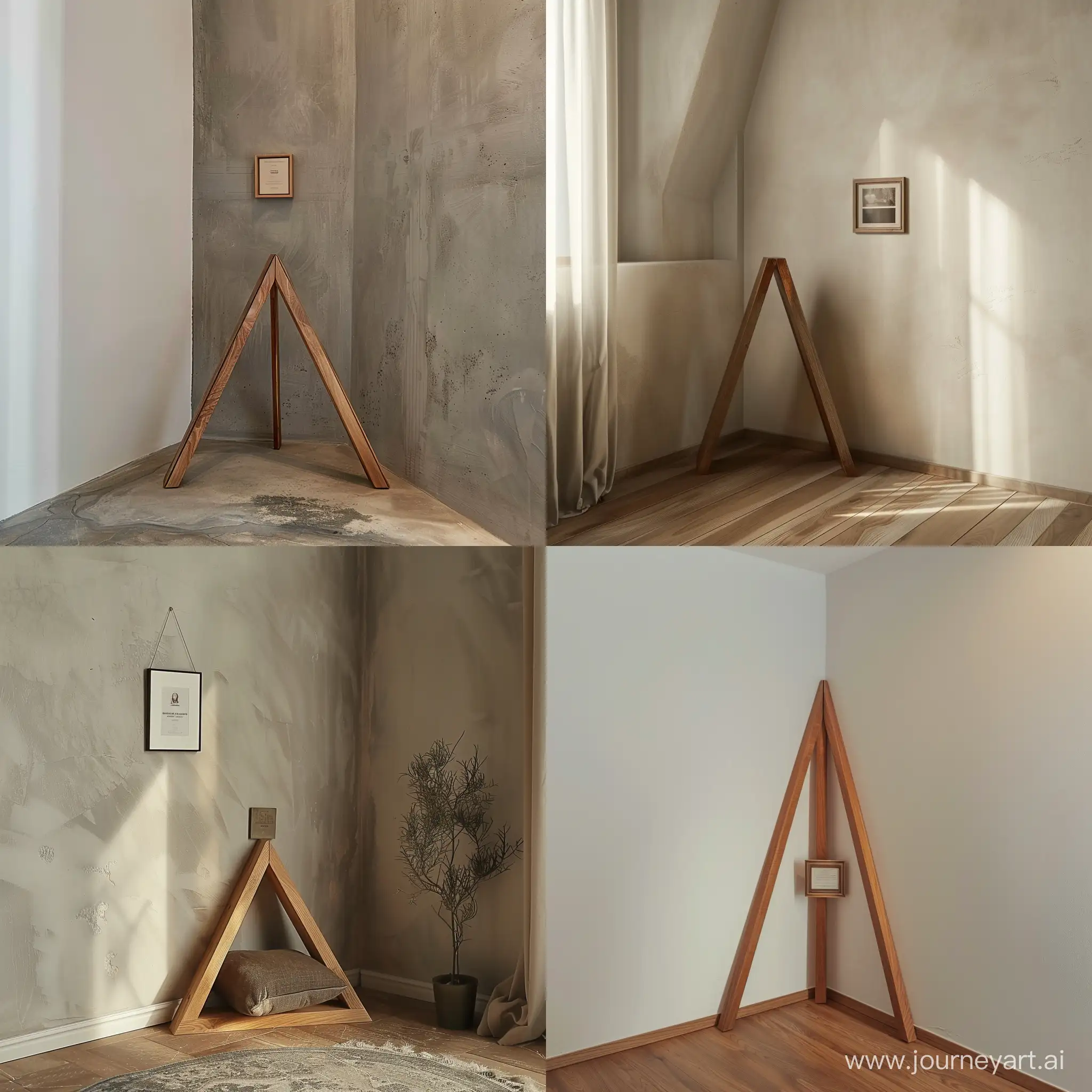 Create an image where there is a triangular wooden stand placed in a corner of the room where two the walls meet, and on the stand place a photograph or a plaque