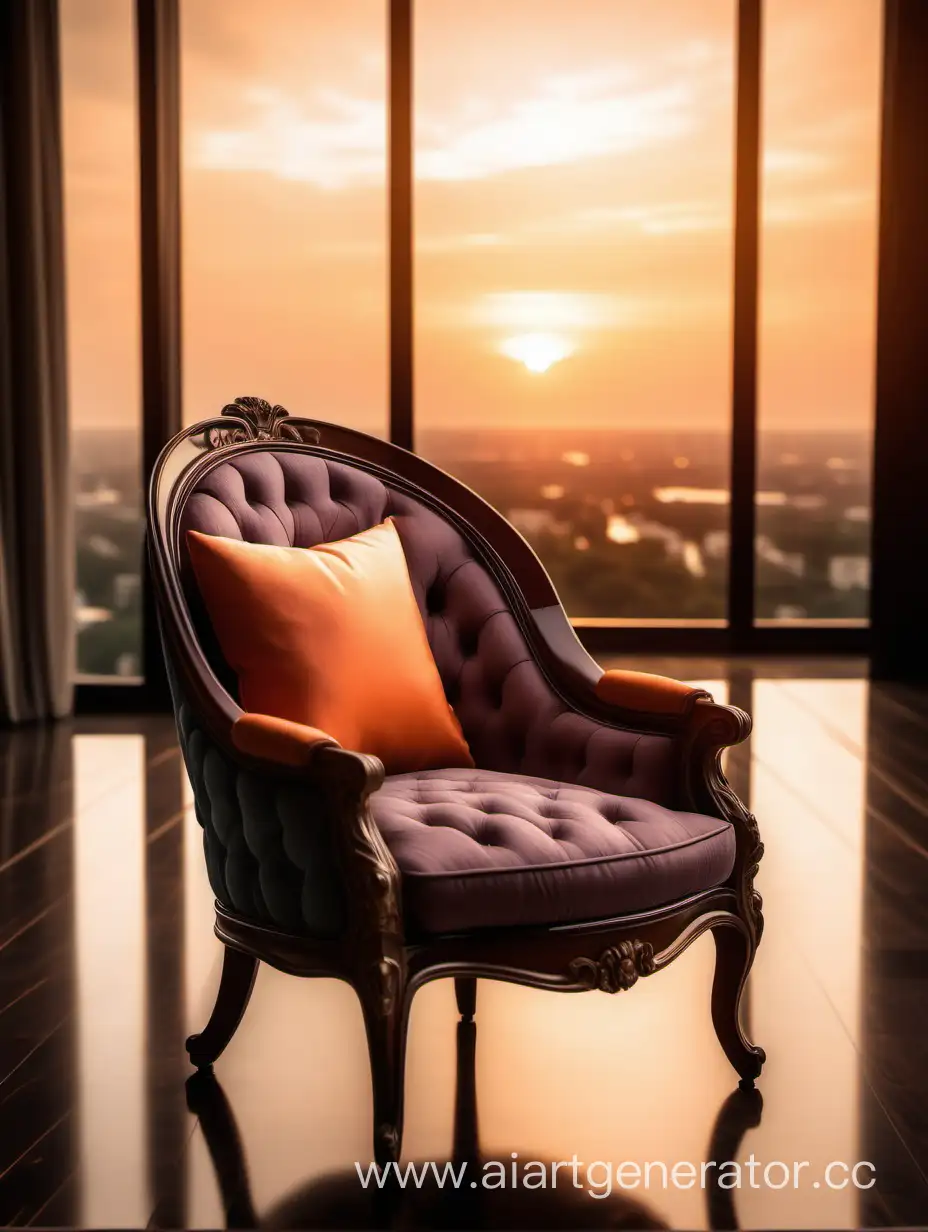 Покажи кресло в интерьере дорогого дома с видом на закат. Кресло должно быть оббито тканью на твой выбор. Кресло не должно содержать деревянных элементов 