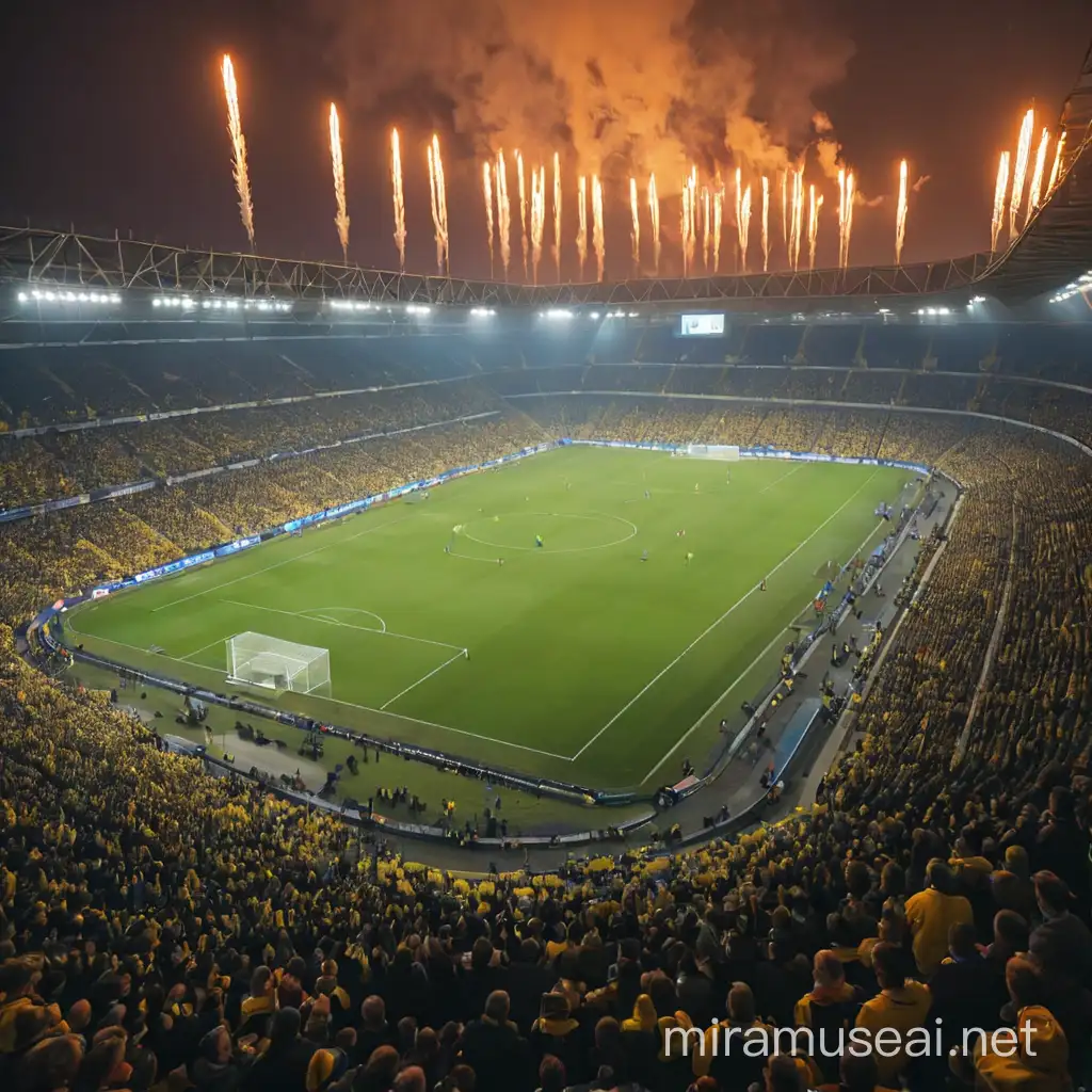 Crowded Brndby Stadium with Spectacular Roman Candles Display
