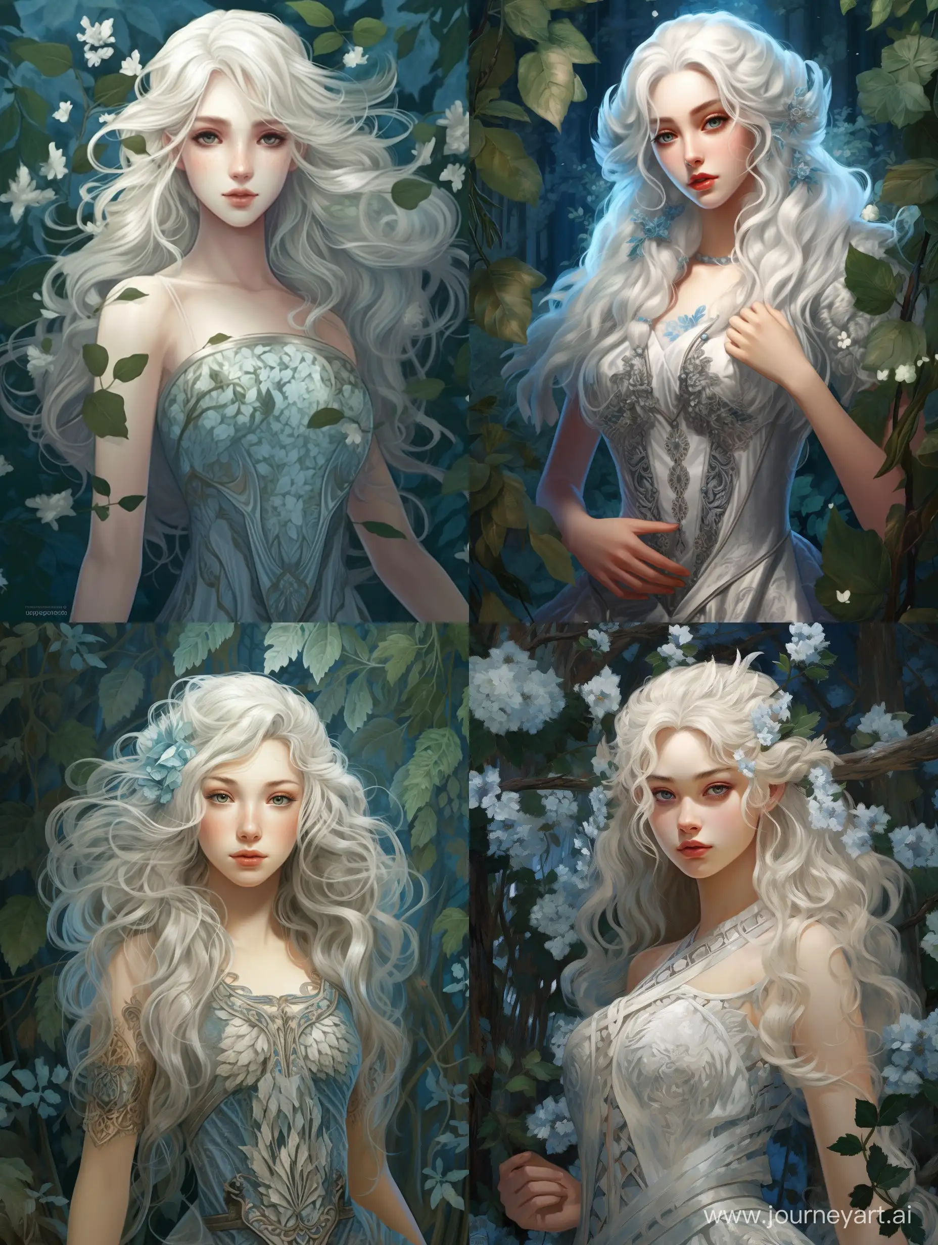 Young lady elf, fluffy white hair, blue eyes, wearing dress made of plants, blue leaves and white wood, fantasy celtic style