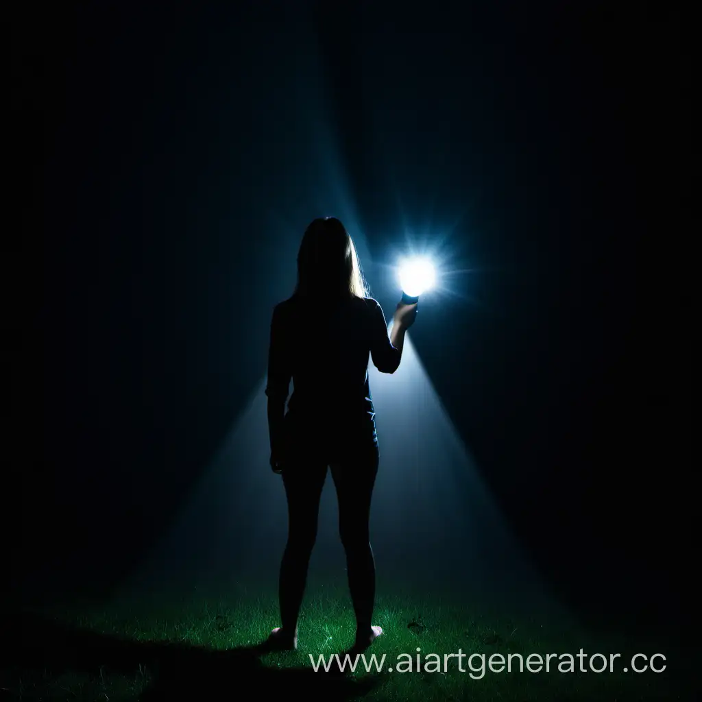 взрослая девушка светит вперед фонариком в темноту её видно сзади
