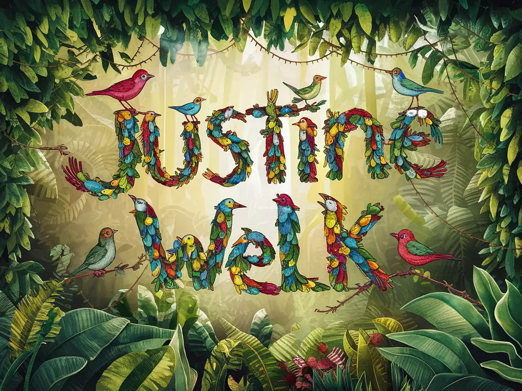 Text: "Justine Welk". text is made by colorful birds in a jungle. 