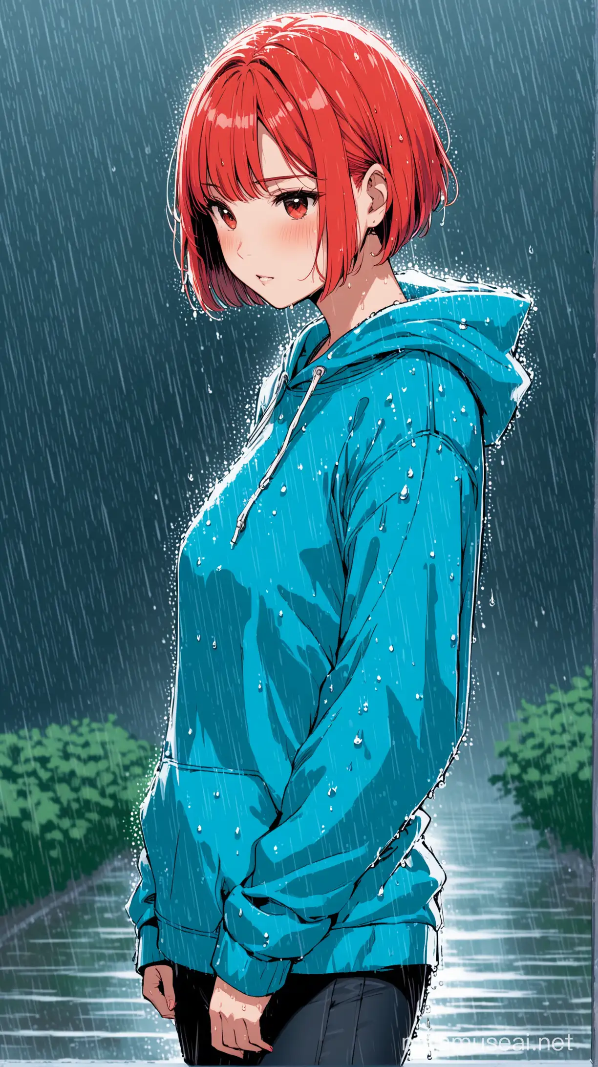 Draw a woman with short red hair cut wearing à blue sweat-shirt in the rain