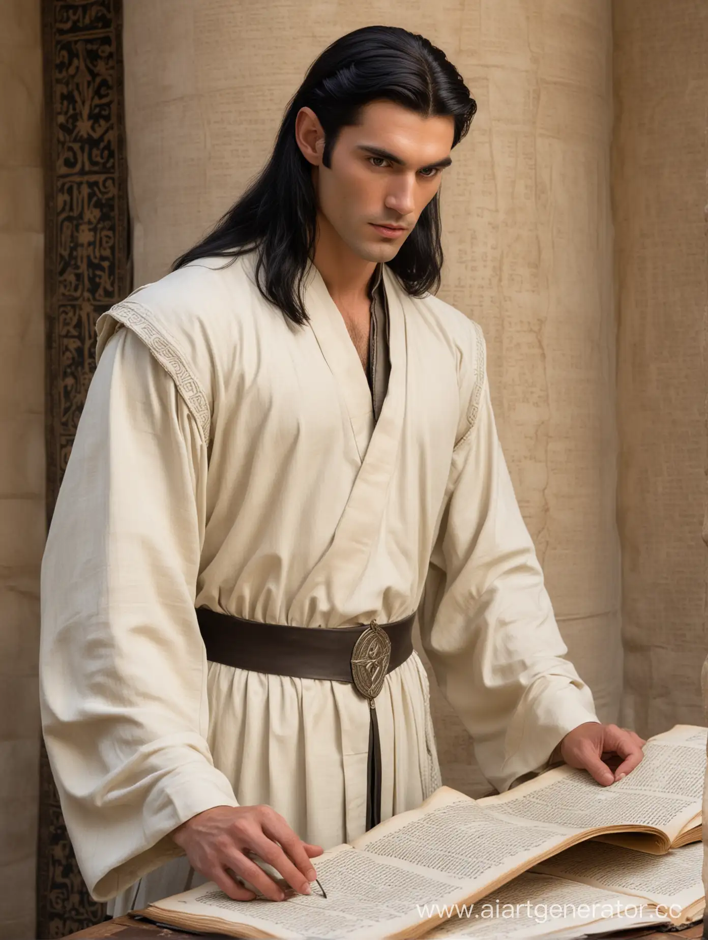 Vulcan male, long straight black hair, pointy ears, light colored loose clothing, looking into a manuscript