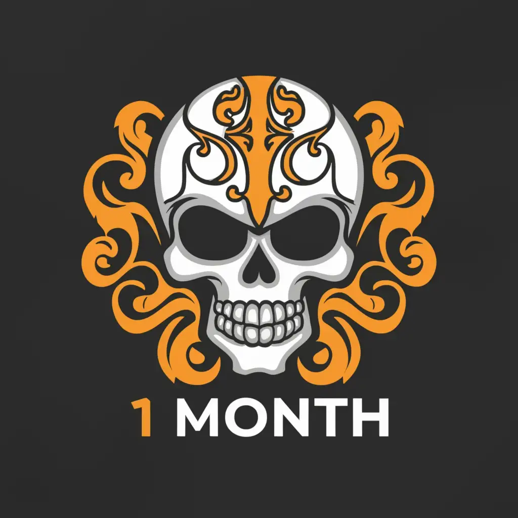 a logo design,with the text "1 month", main symbol:a white and orange medieval
 skull,complex,clear background
