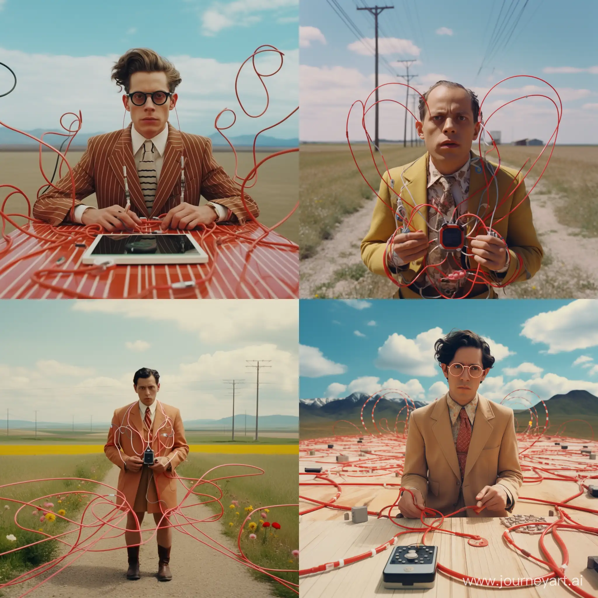 a super wide shot of a man connected with cables to a heart shaped smartphone. shot on 35 mm film. wes anderson style. anamorphic lenses. cinematic