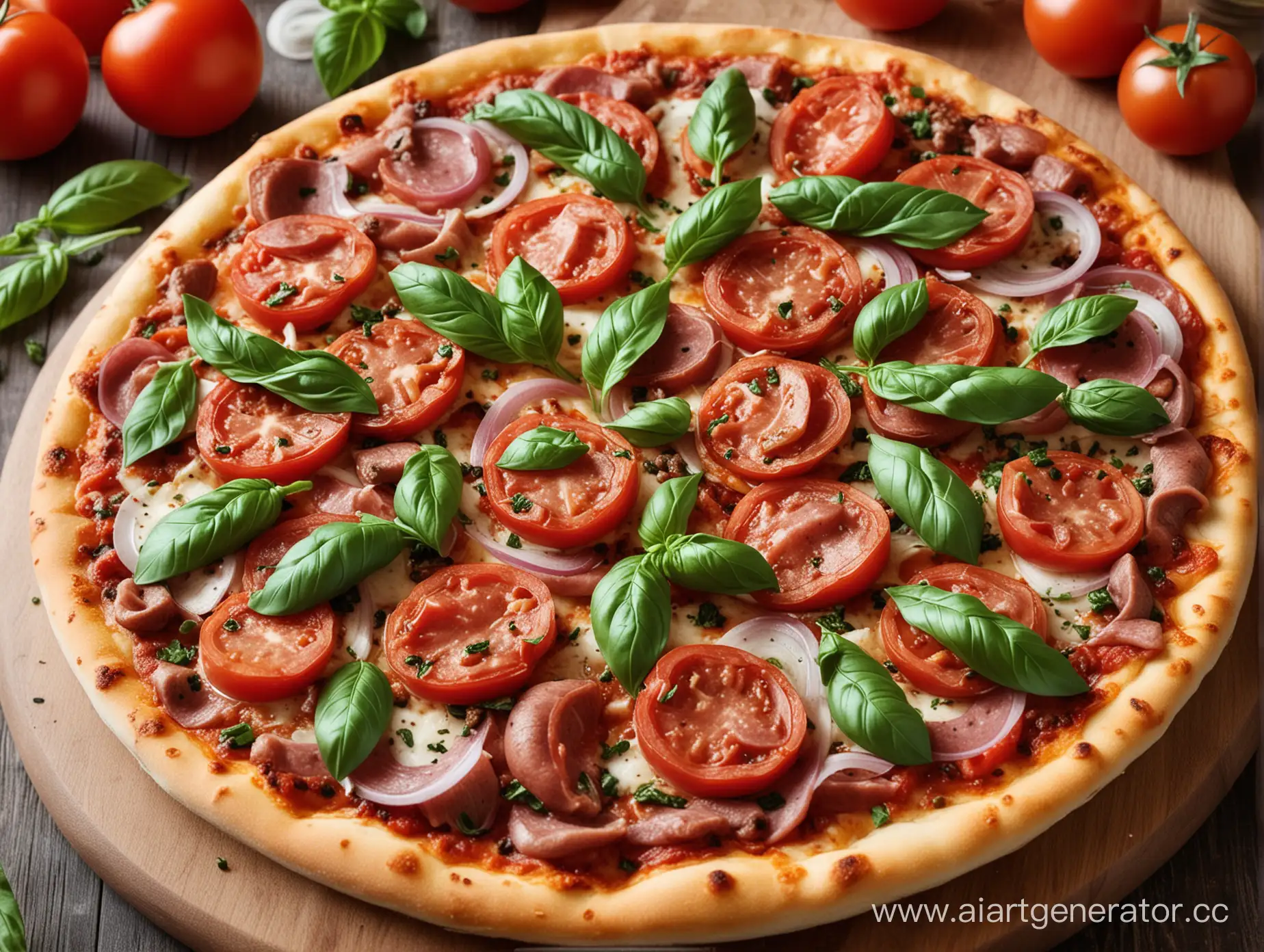 Свежий помидор с базиликом на пицце с колбасой и луком