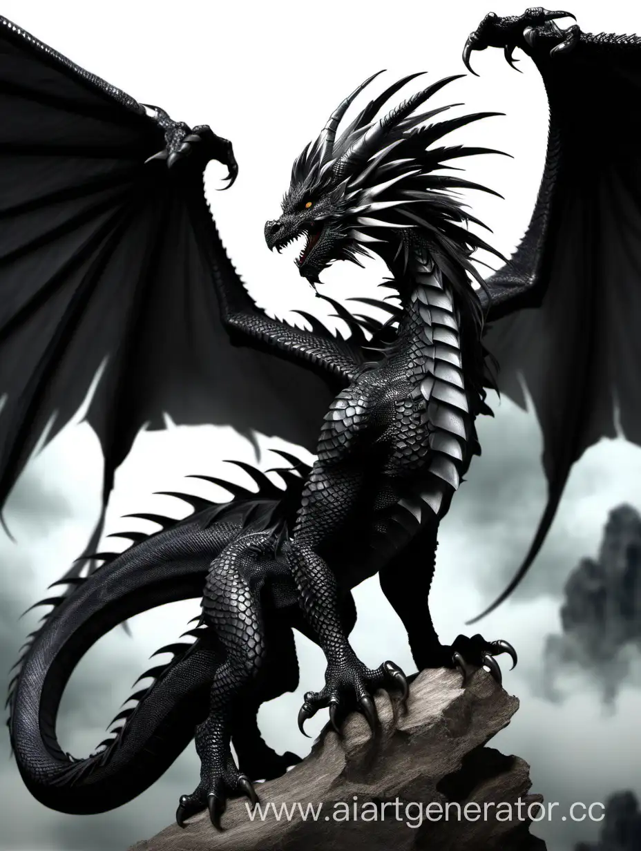 Black dragon, boy, one wing is feathered, the other wing is bony