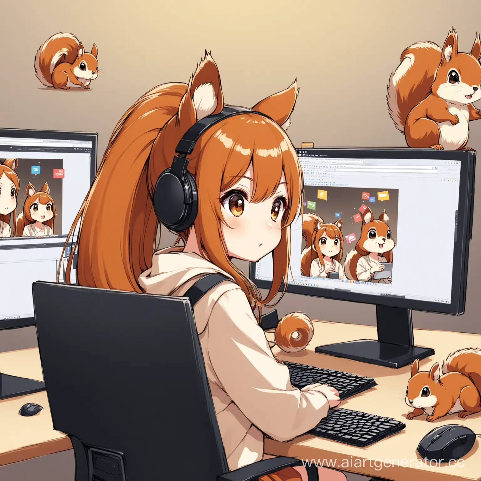 Young-Woman-with-Squirrel-Ears-Typing-Amidst-Chaos