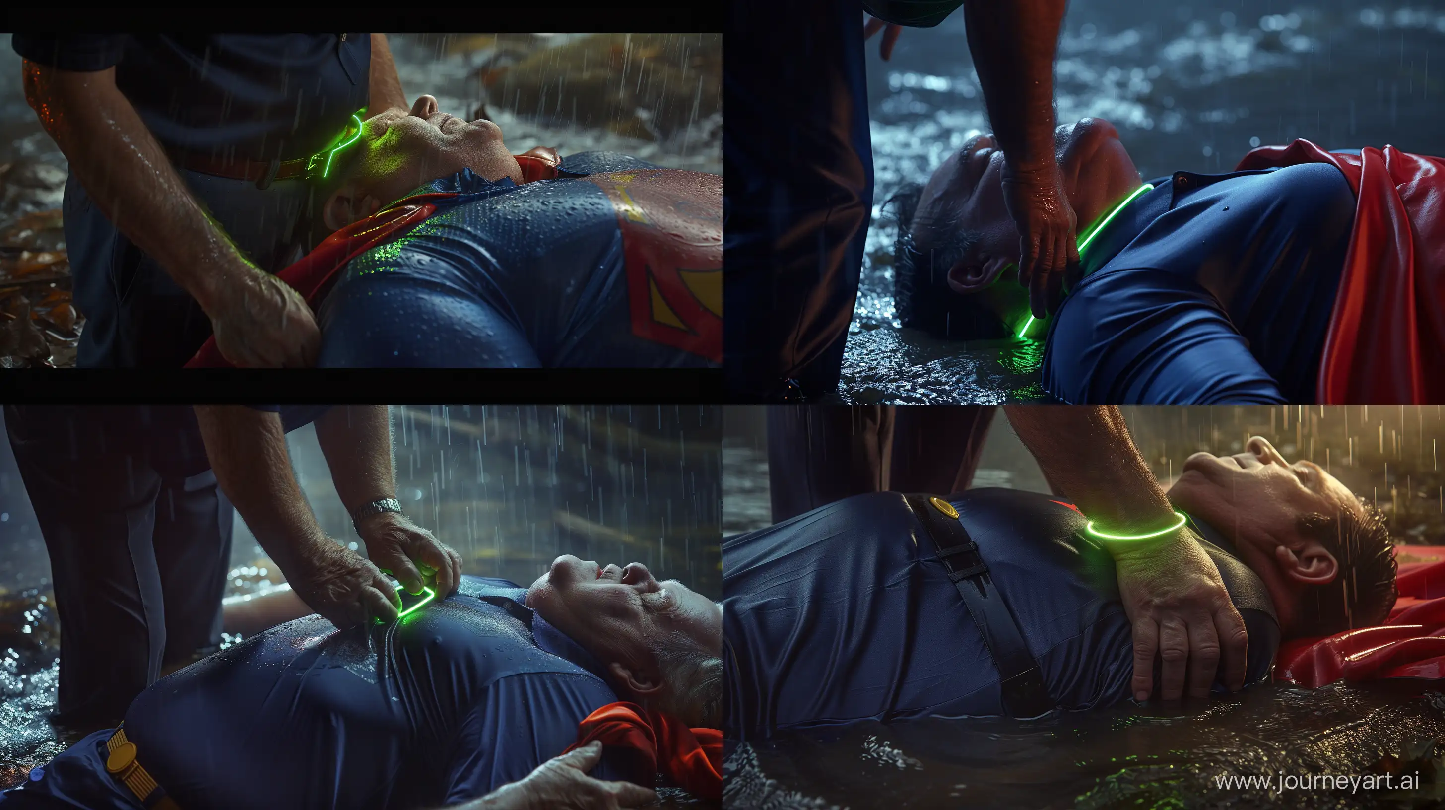 Close-up photo of a fat man aged 60 wearing a silk navy business pants and a silk navy tight polo shirt. He is tightening a tight green glowing neon dog collar on the neck of a fat man aged 60 wearing a tight blue 1978 smooth superman costume with a red cape lying in the rain. Natural Light. River. --style raw --ar 16:9
