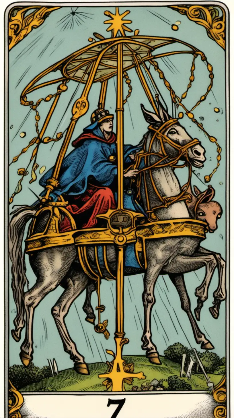 A Tarot card featuring the number 7 portrays a Chariot with a four-column canopy pulled by two donkeys, it carries a fool mage wielding a scepter, on a rainy night, there is a needle, a spiraling spider's web, and a mousetrap.