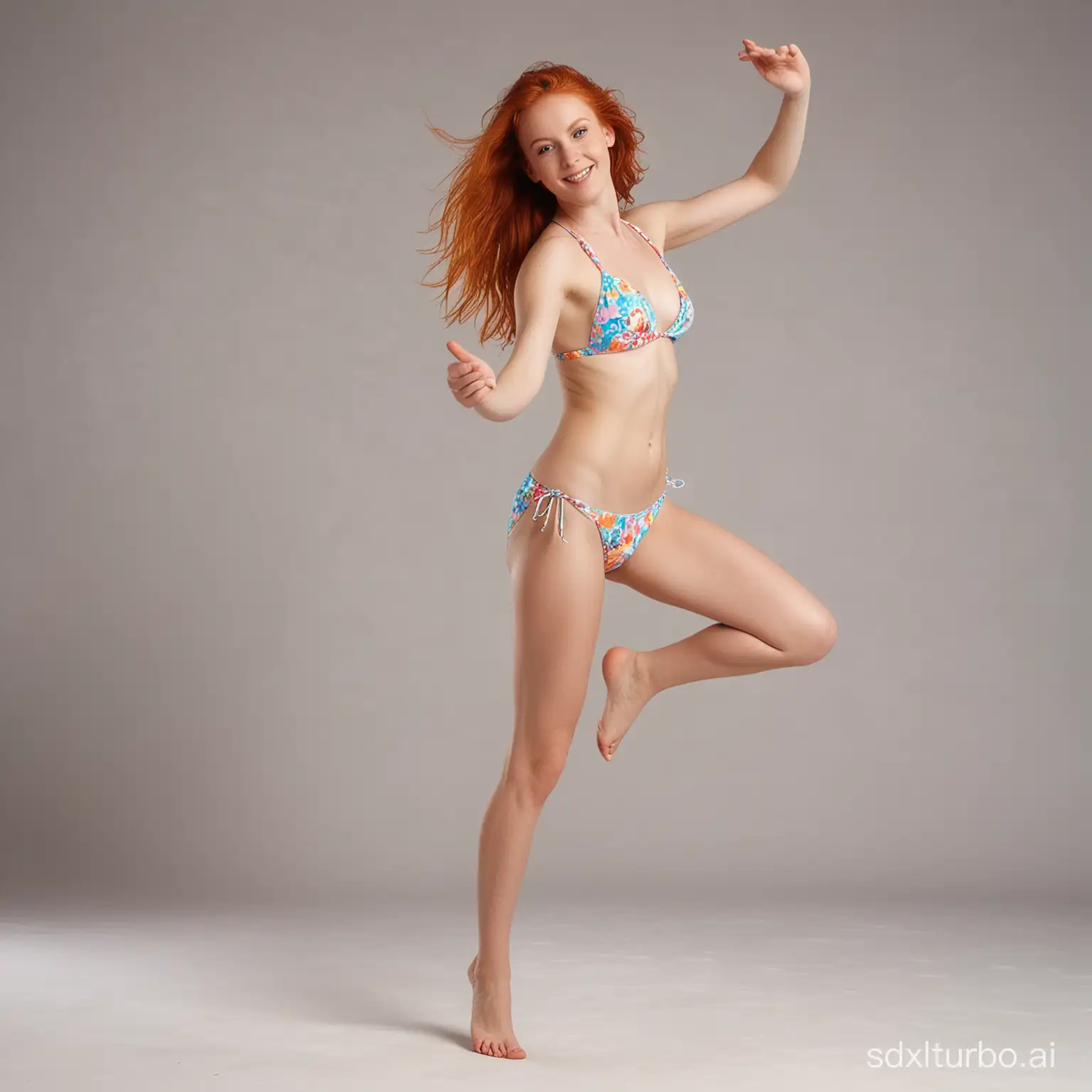 a young red-haired girl in a bikini, dancing and skipping