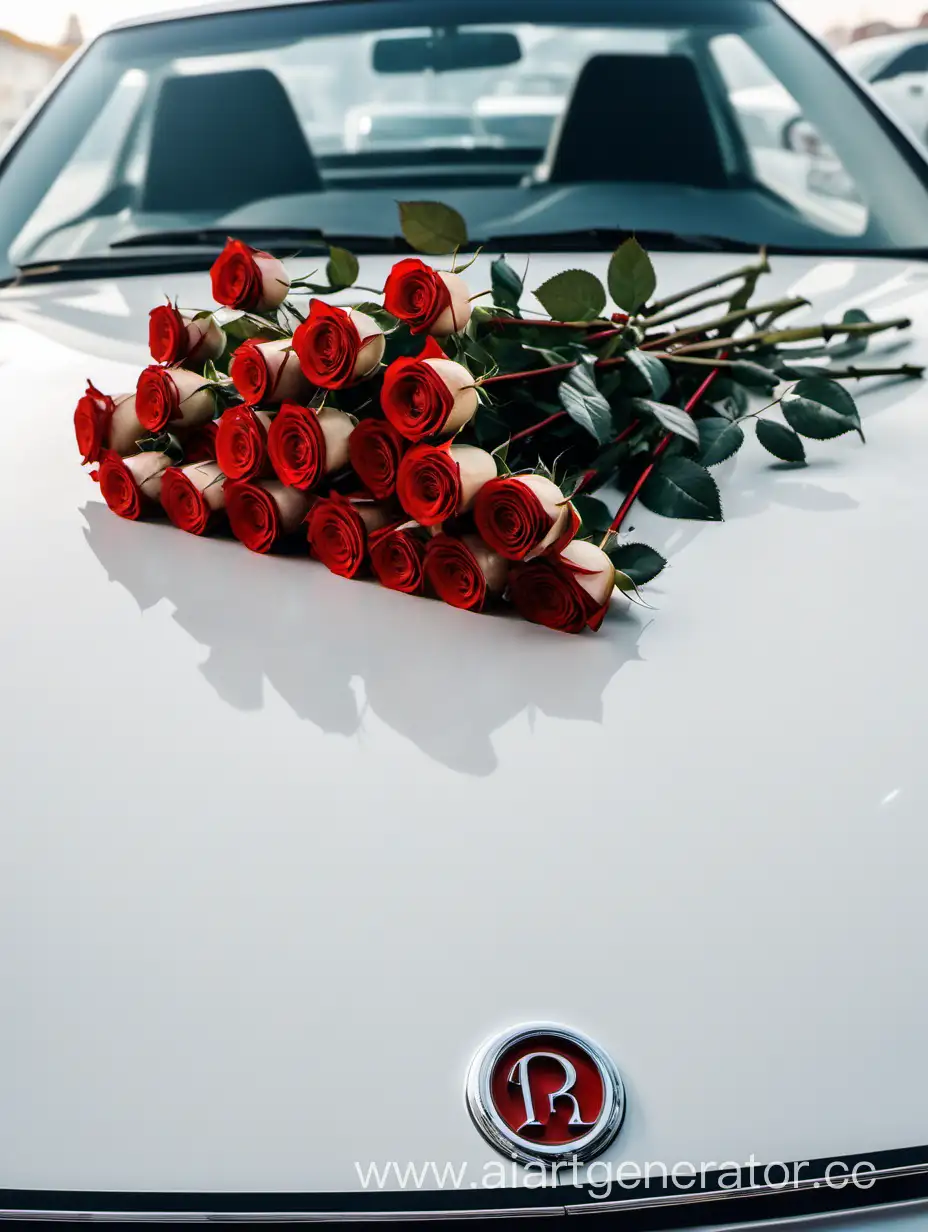 Букет роз лежит на капоте белой машины